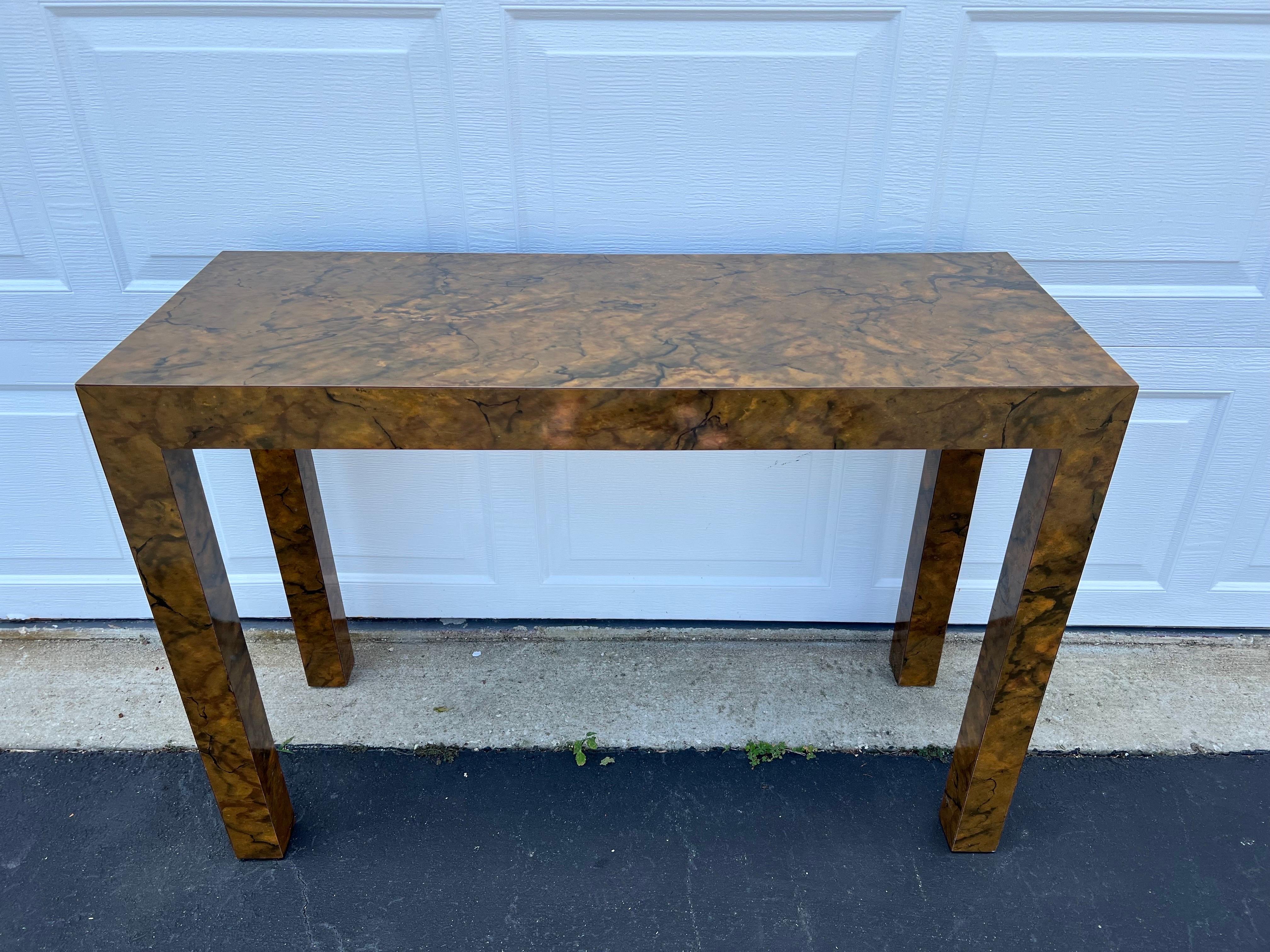 American Burl Wood Formica Parsons Console Table  For Sale