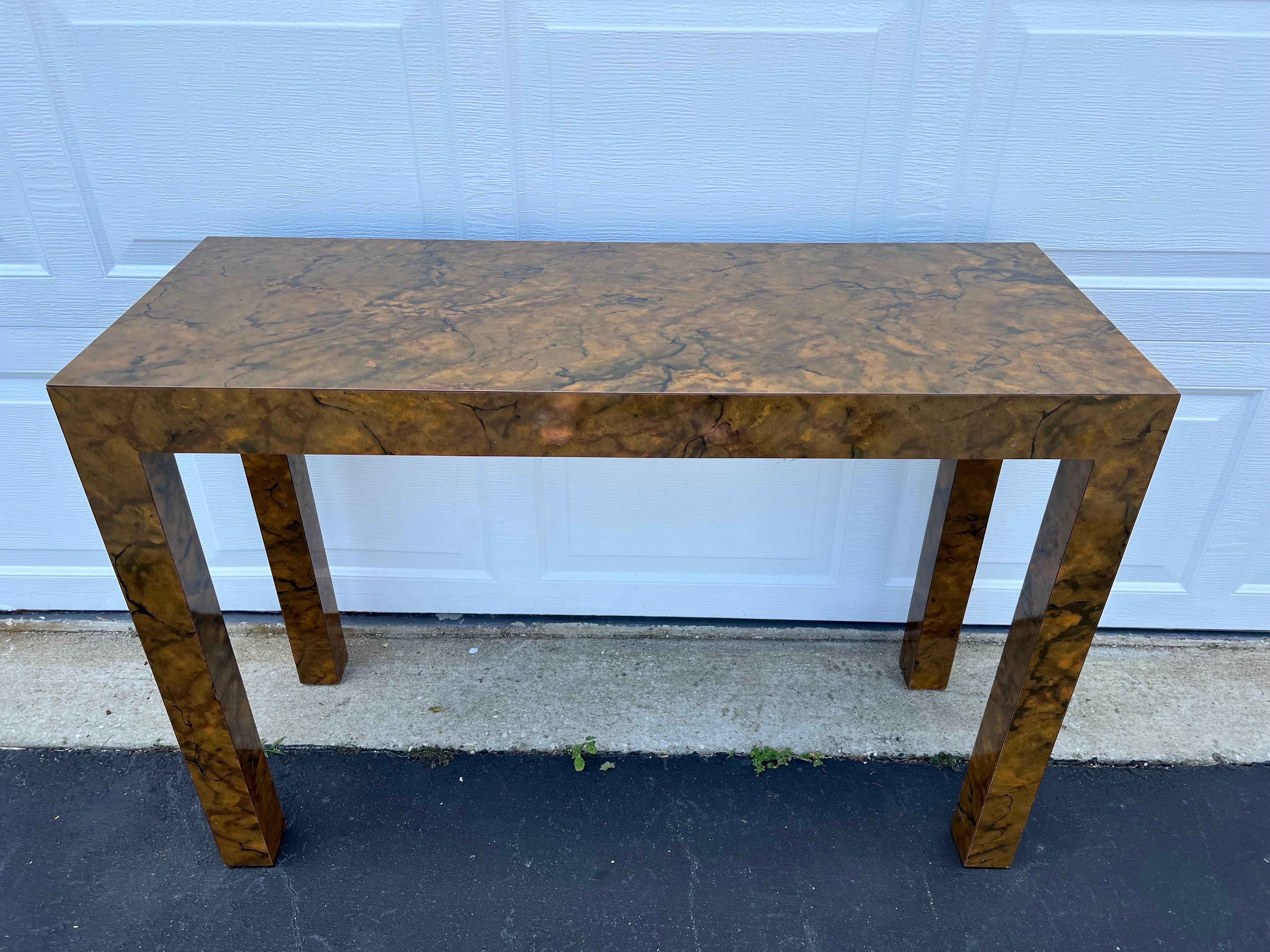 Late 20th Century Burl Wood Formica Parsons Console Table  For Sale