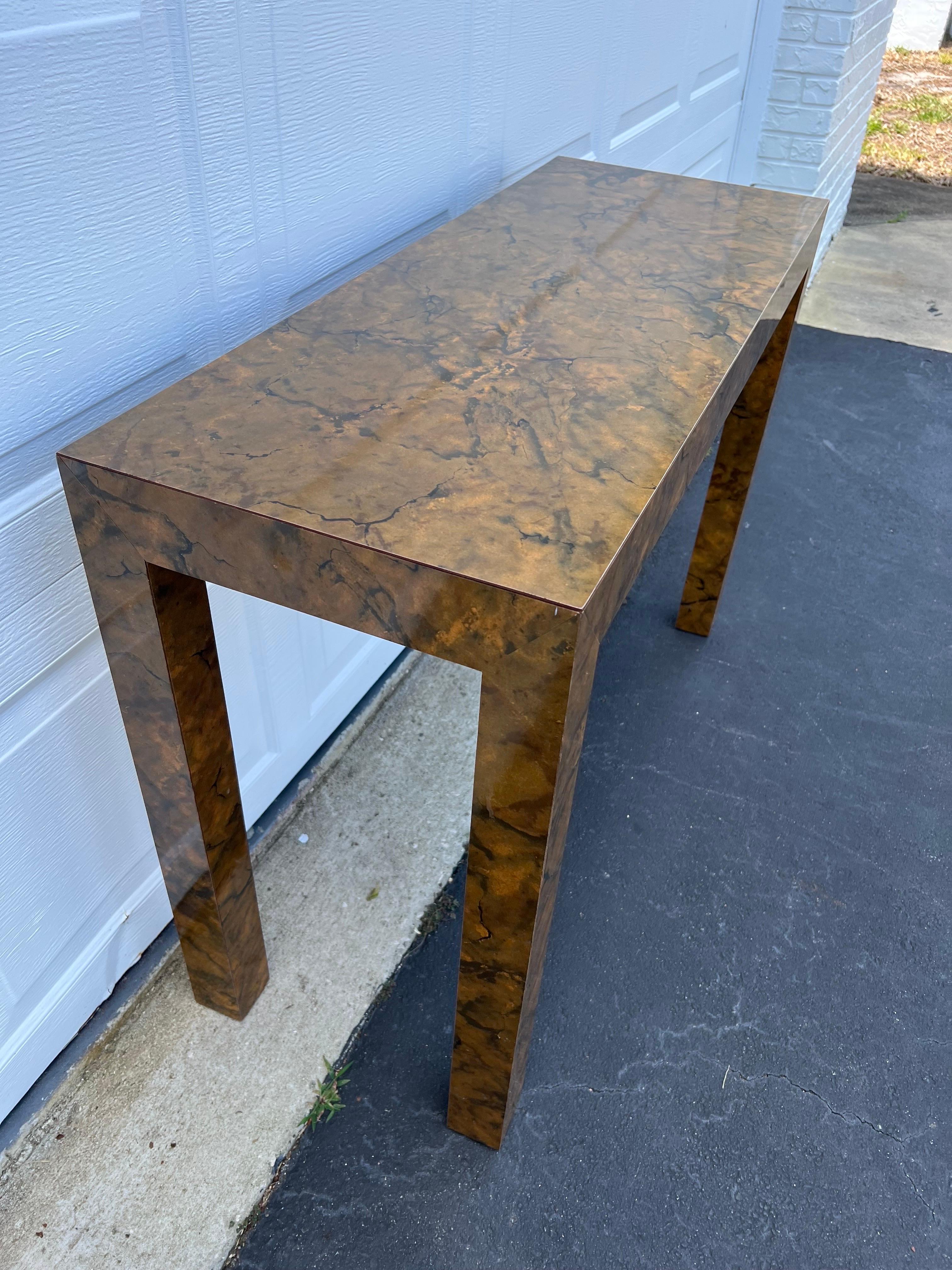 Burl Wood Formica Parsons Console Table  For Sale 1