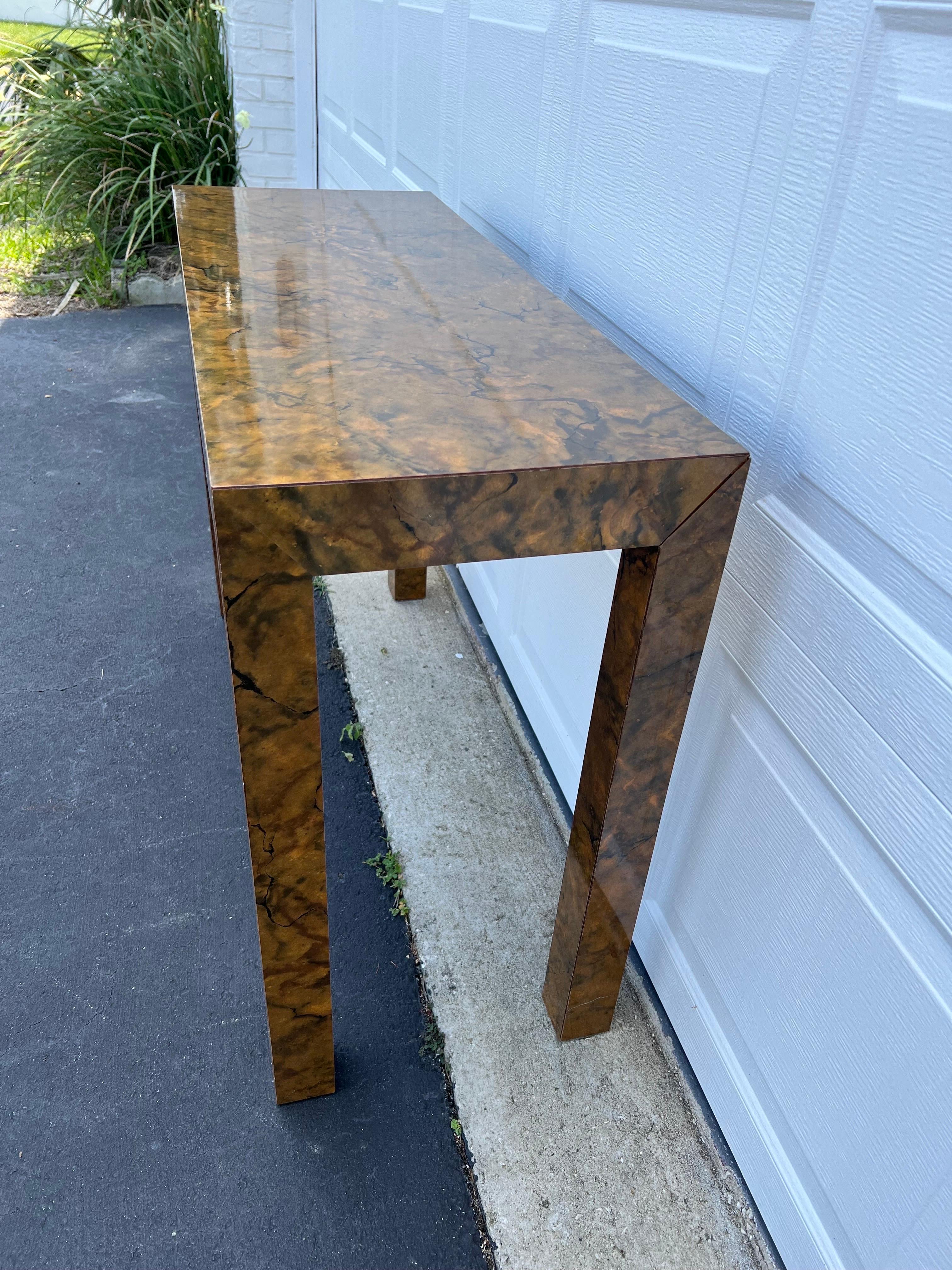 Burl Wood Formica Parsons Console Table  For Sale 2