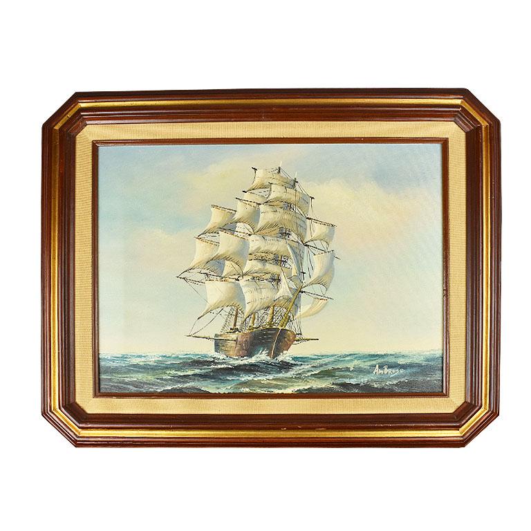 Burl Wood Framed Nautical Oil on Canvas Painting of a Ship at Sea at