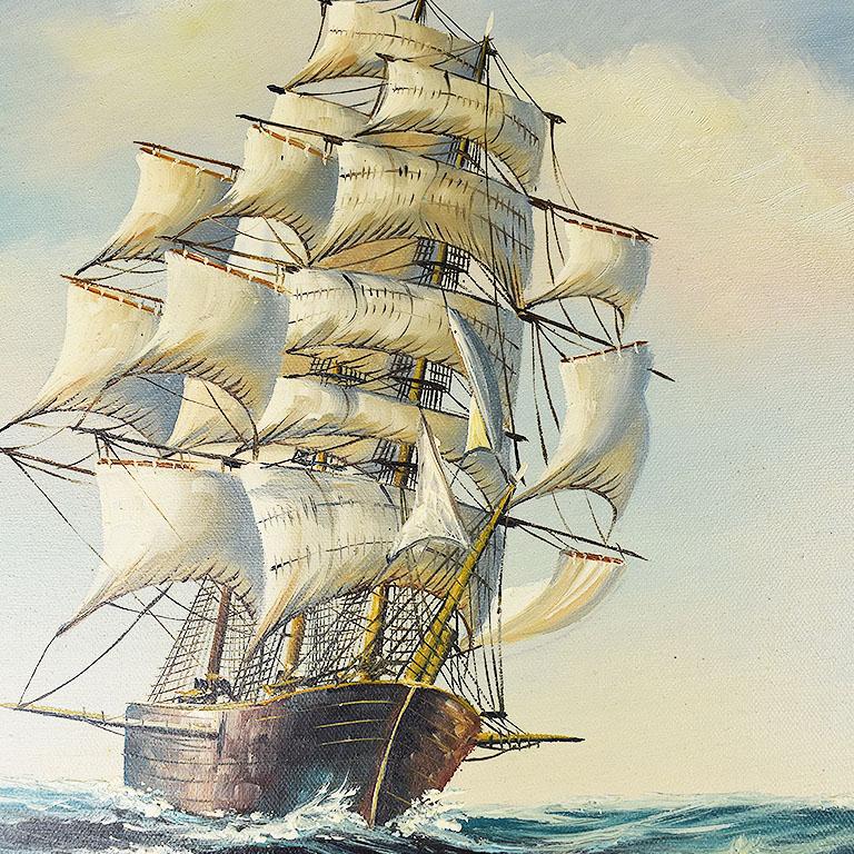 American Classical Burl Wood Framed Nautical Oil on Canvas Painting of a Ship at Sea