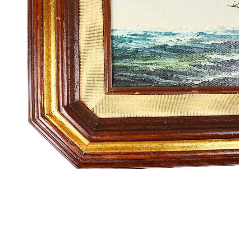 American Burl Wood Framed Nautical Oil on Canvas Painting of a Ship at Sea