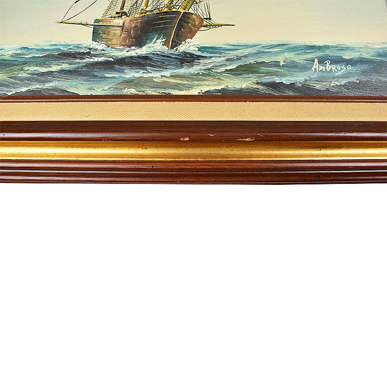 Burl Wood Framed Nautical Oil on Canvas Painting of a Ship at Sea In Good Condition In Oklahoma City, OK