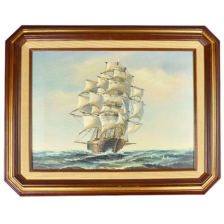 Burl Wood Framed Nautical Oil on Canvas Painting of a Ship at Sea