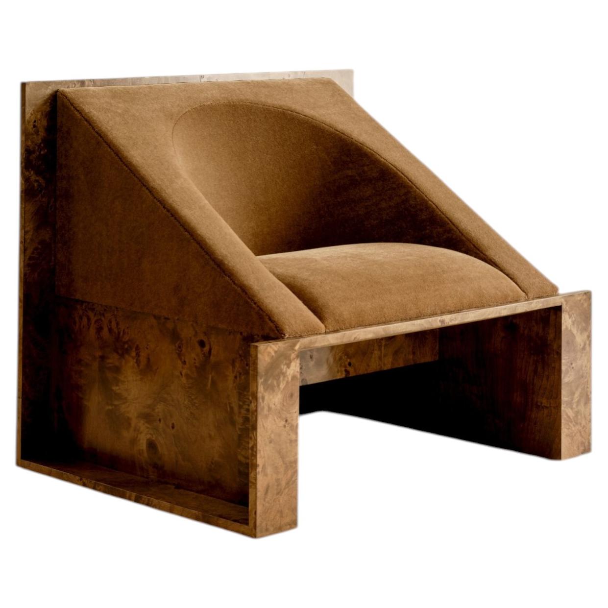 Burl Wood–Framed Perception Lounge Chair by Known Work w/Customizable Upholstery For Sale