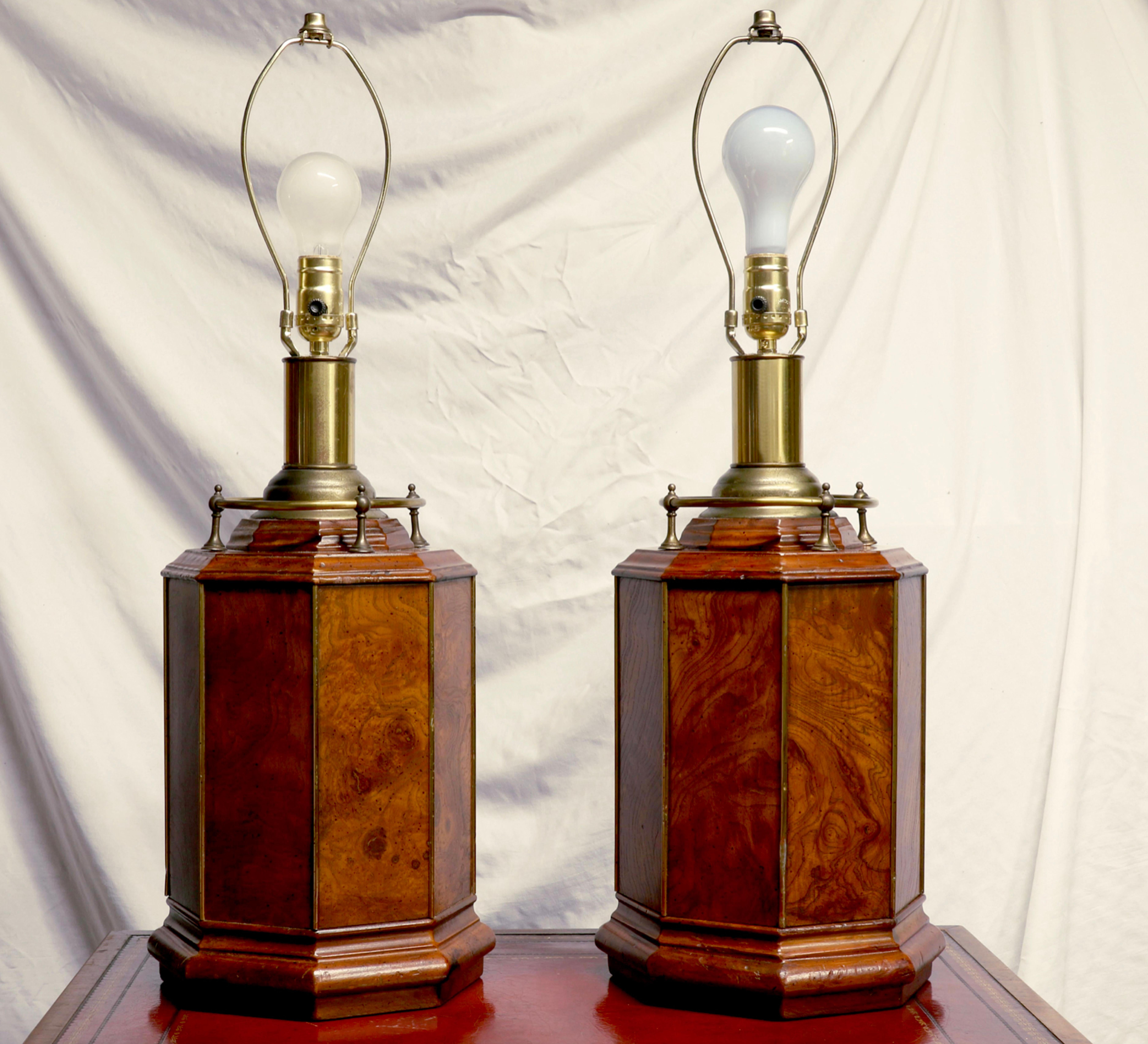 Mid-20th Century Burl Wood Knob Tree Hexagonal Table Lamps