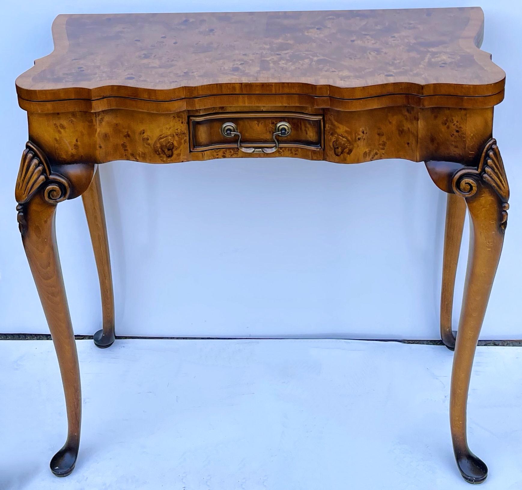 Queen Anne Burl Wood Leather Top Gate Leg Game Table or Console Att. Theodore Alexander For Sale