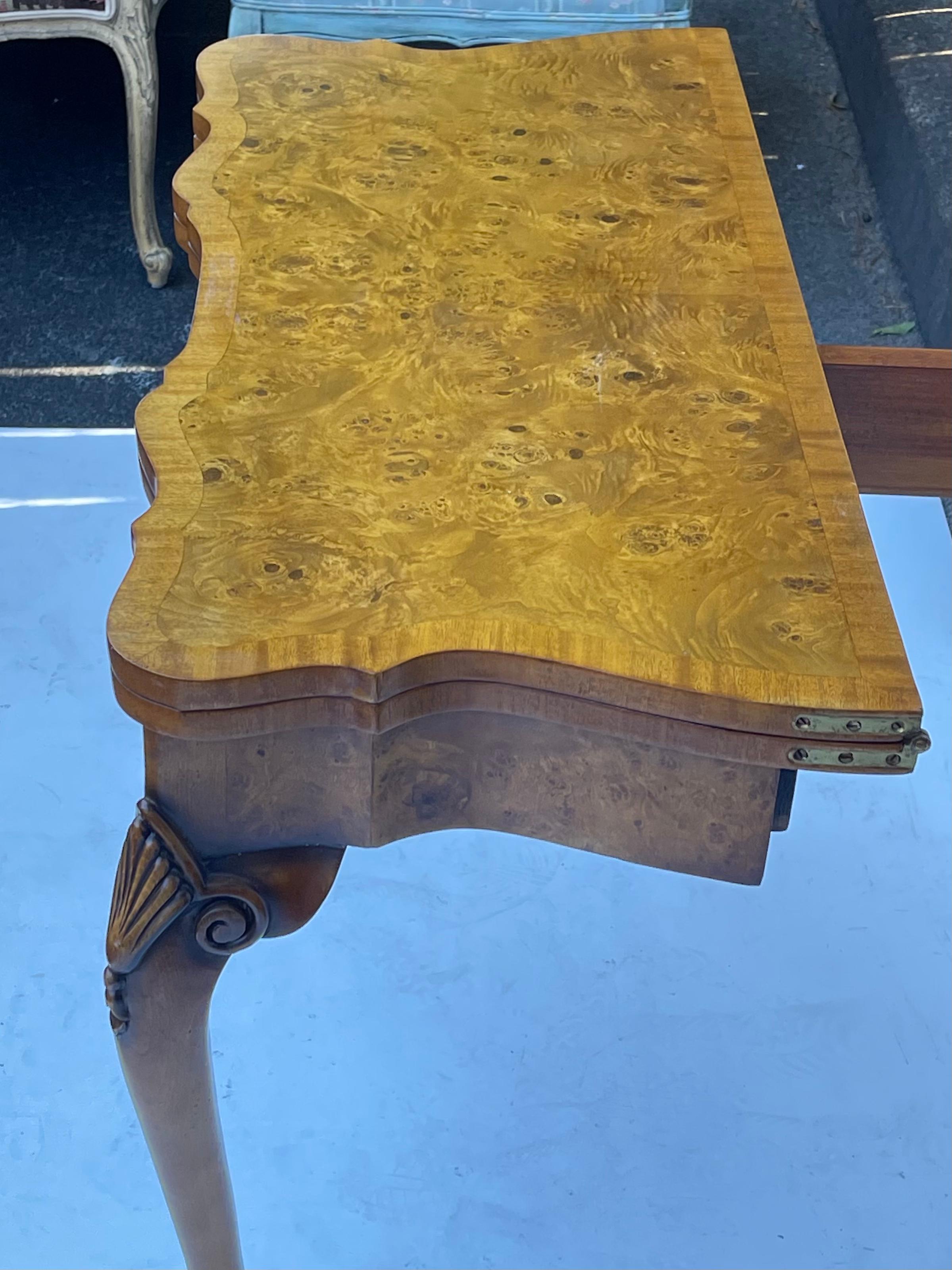 American Burl Wood Leather Top Gate Leg Game Table or Console Att. Theodore Alexander For Sale