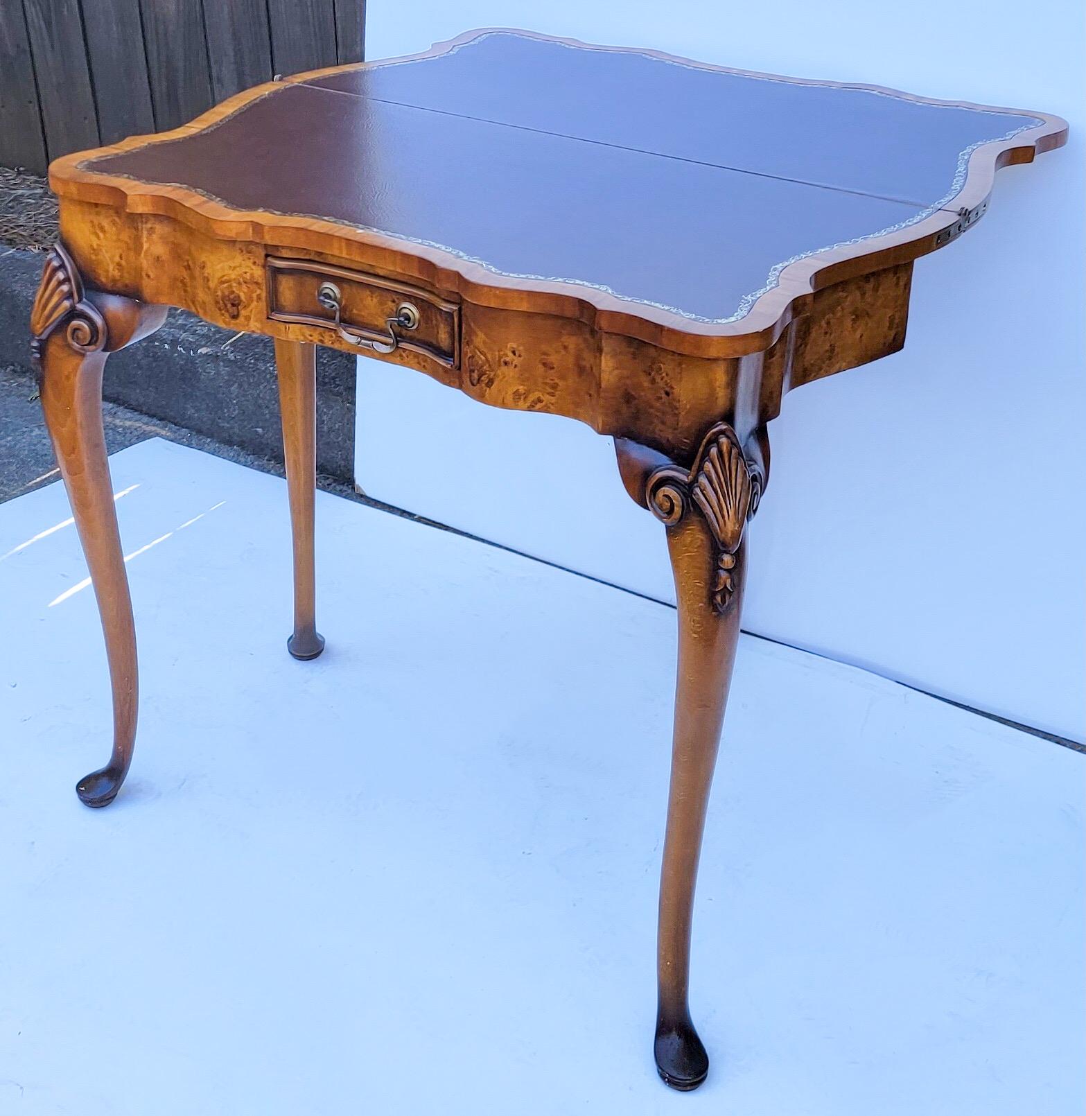 Brass Burl Wood Leather Top Gate Leg Game Table or Console Att. Theodore Alexander For Sale