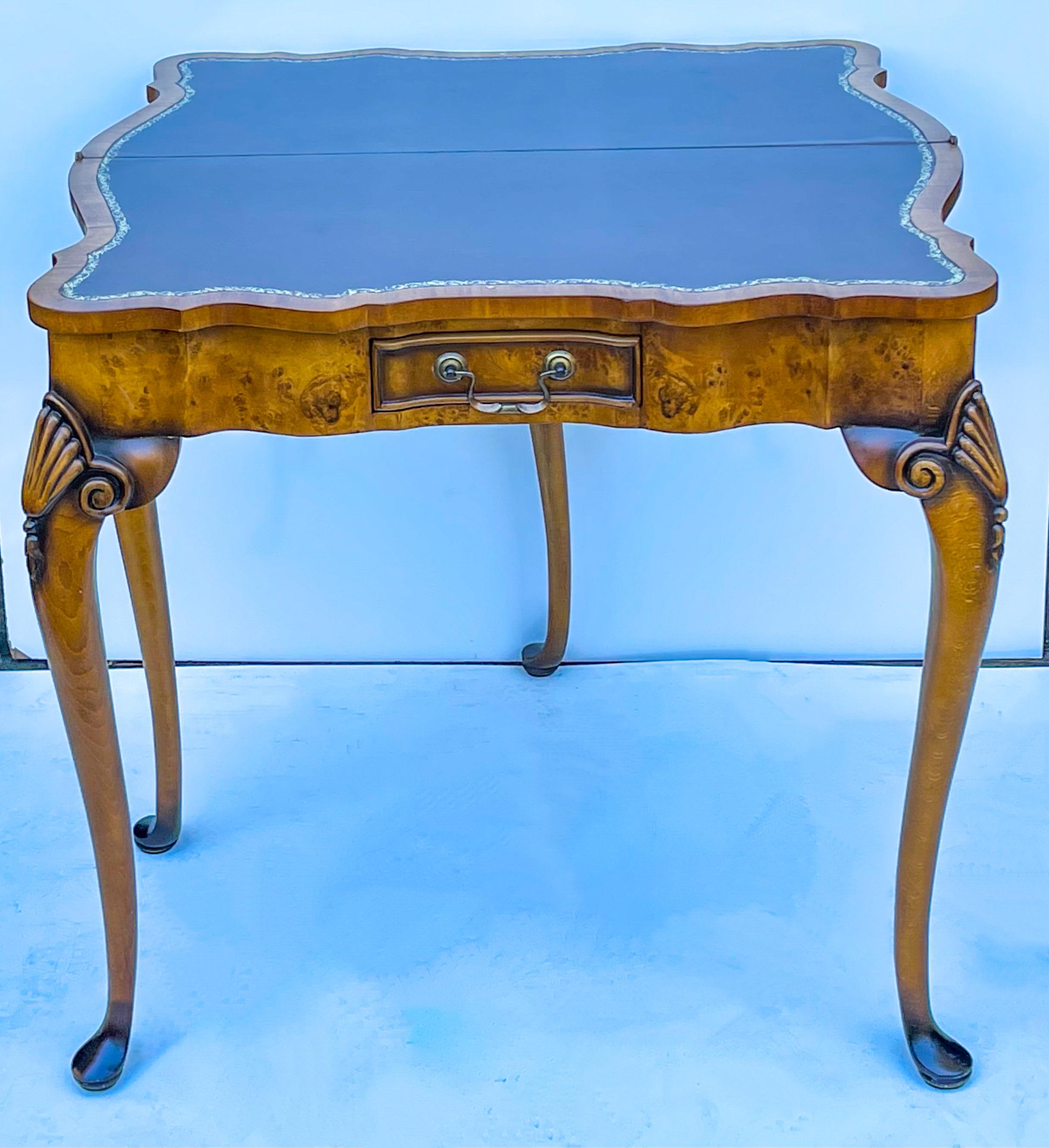 Burl Wood Leather Top Gate Leg Game Table or Console Att. Theodore Alexander For Sale 2