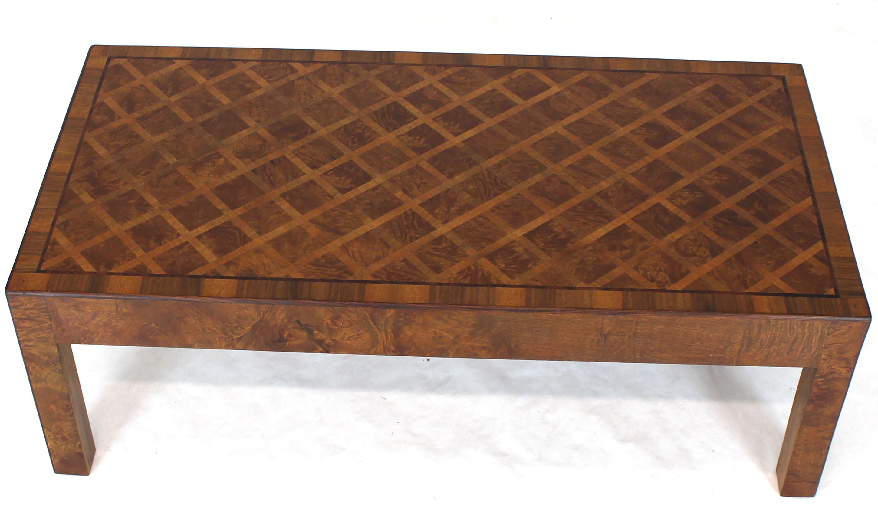 Midcentury Italian modern burl wood marquetry top coffee table.