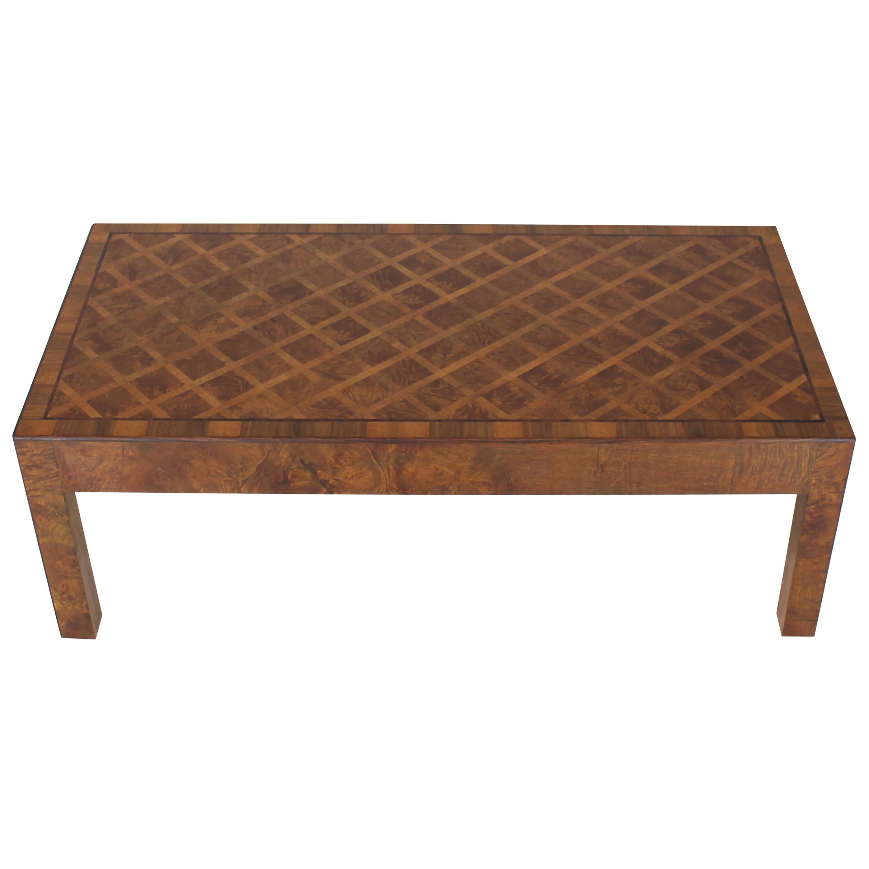 Burl Wood Marquetry Italian Modern Rectangle Coffee Table on Square Legs