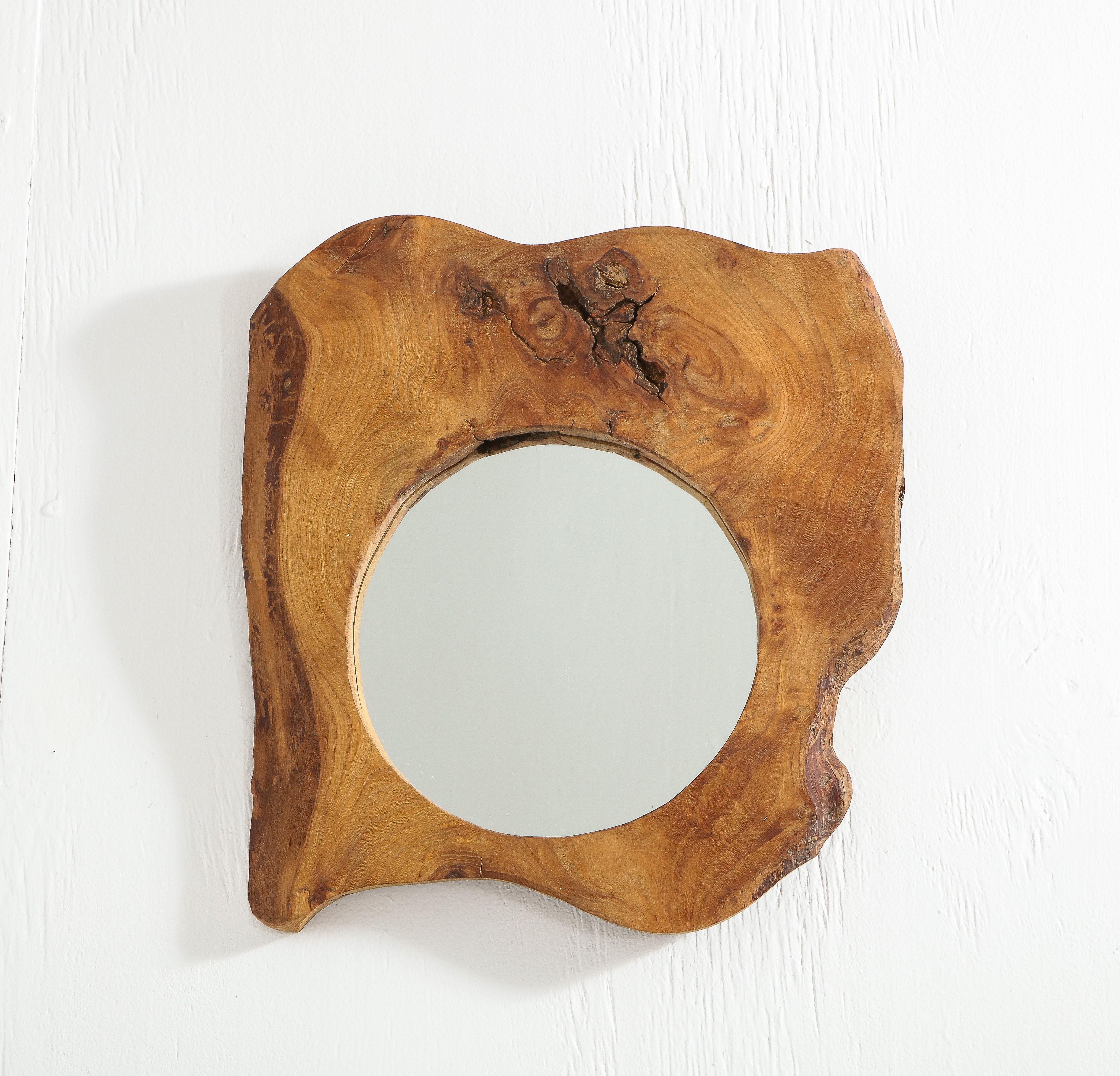 Mid-Century Modern Solid Burl Wood Sculptural Asymmetrical Mirror, France 1960's For Sale