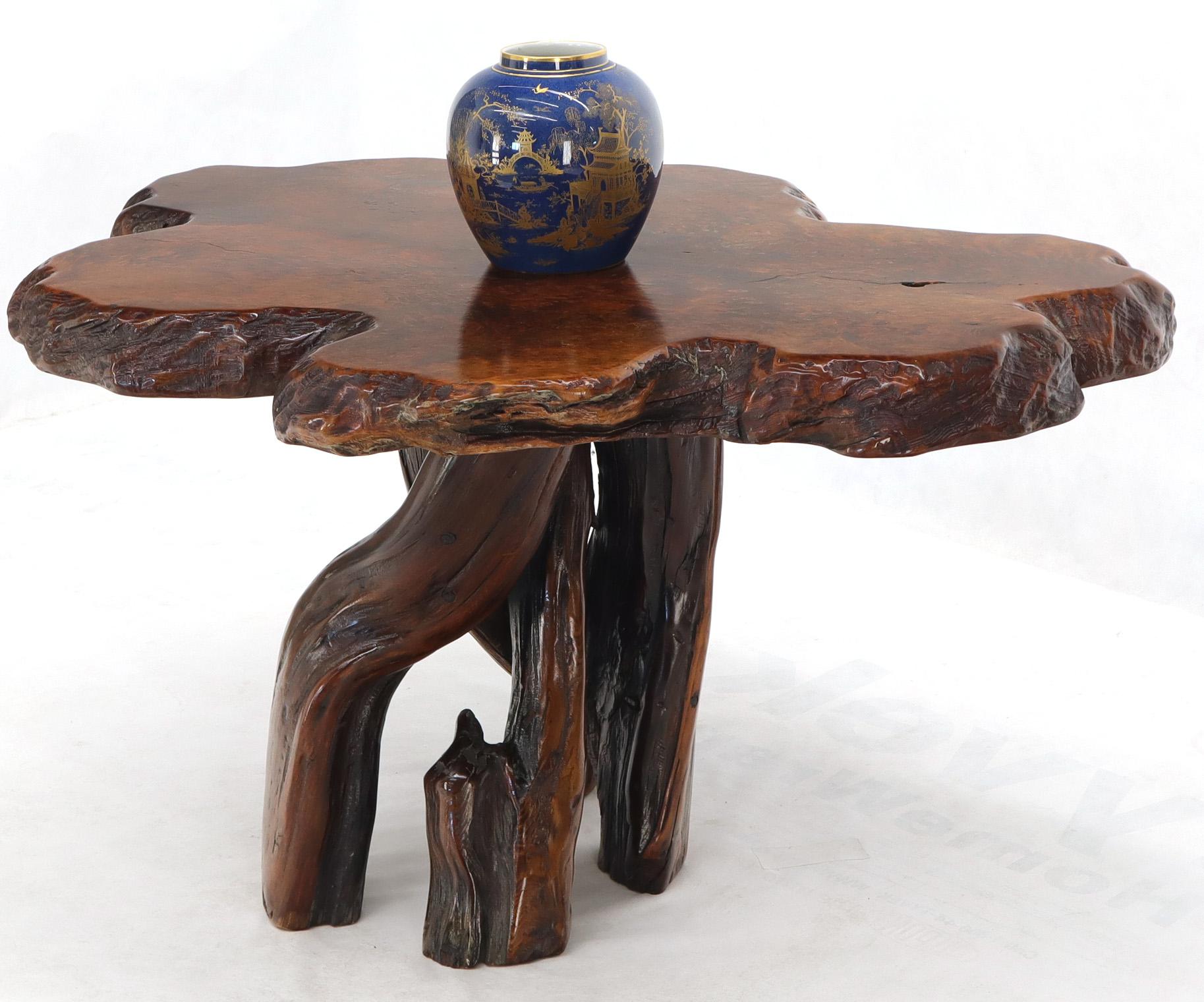 20th Century Burl Wood Natural Free Edge Slab Top Gueridon Center Table For Sale