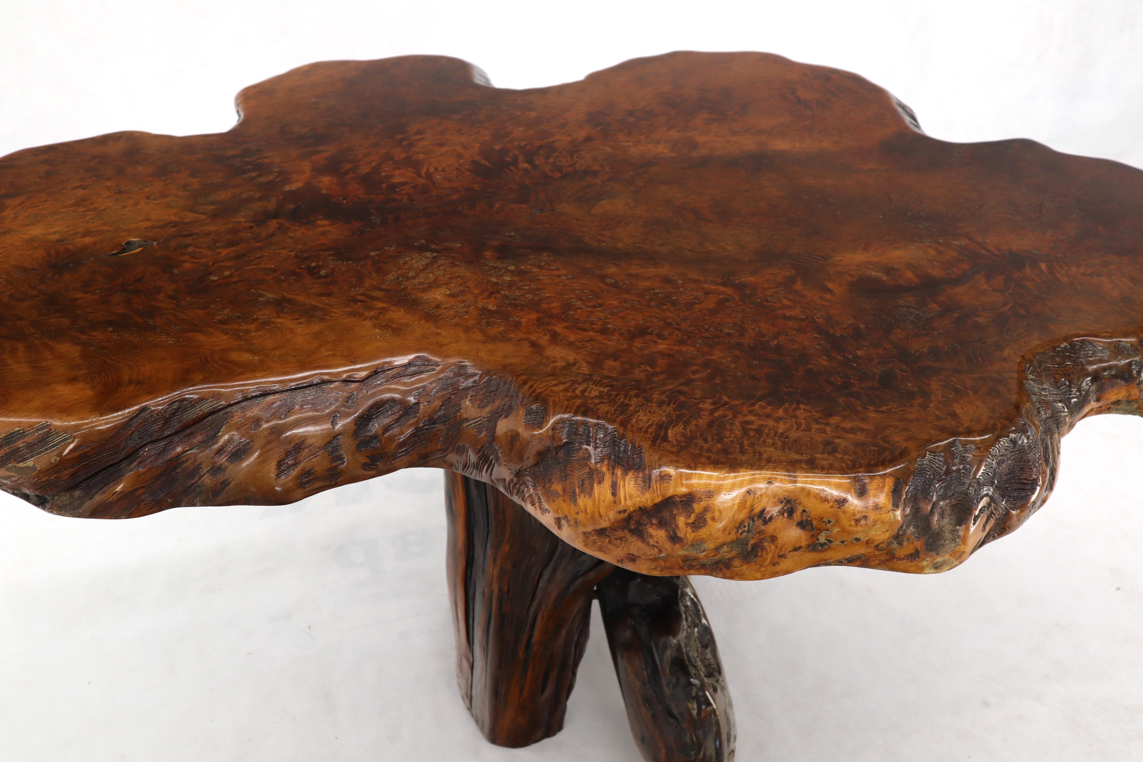 Varnished Burl Wood Natural Free Edge Slab Top Gueridon Center Table For Sale