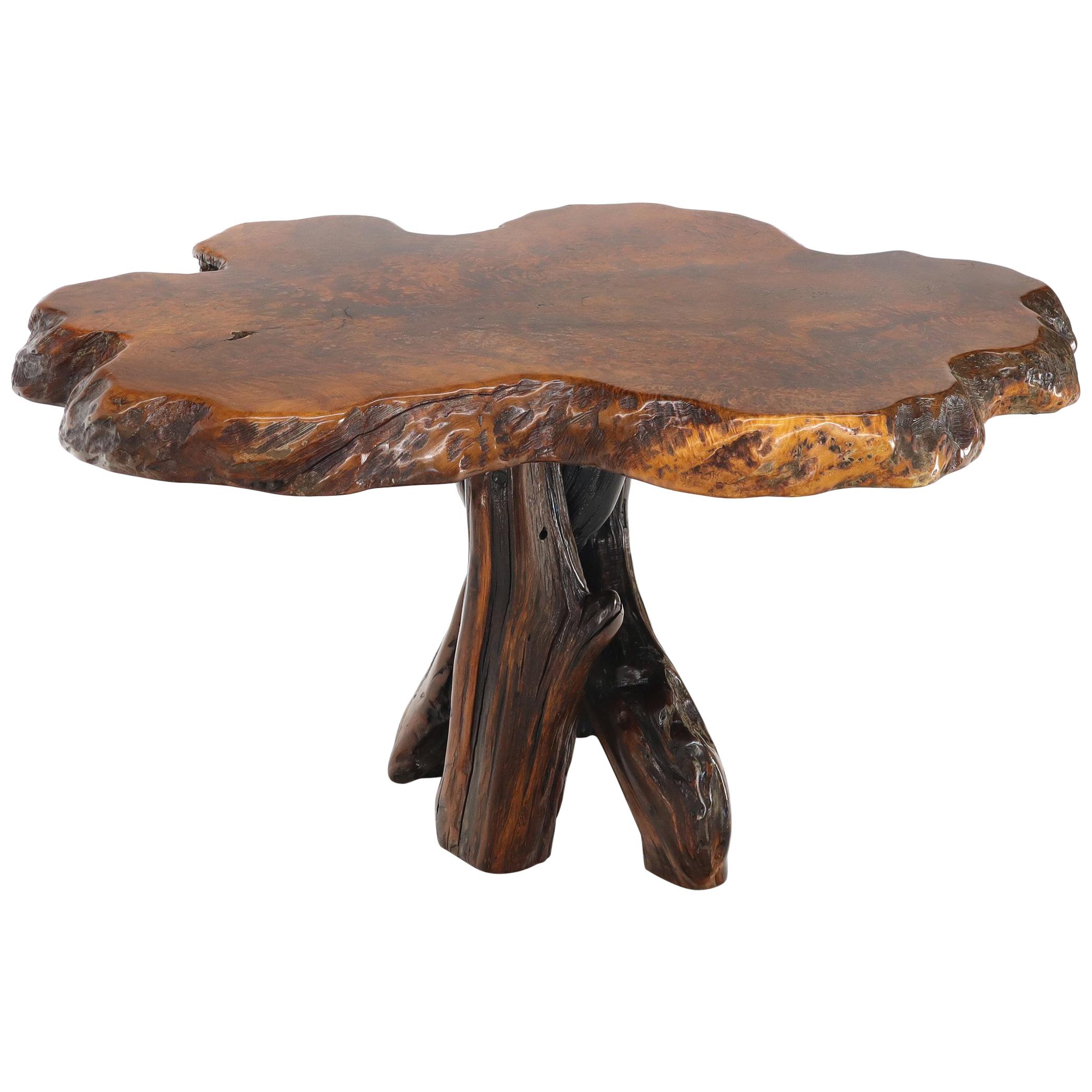 Burl Wood Natural Free Edge Slab Top Gueridon Center Table For Sale