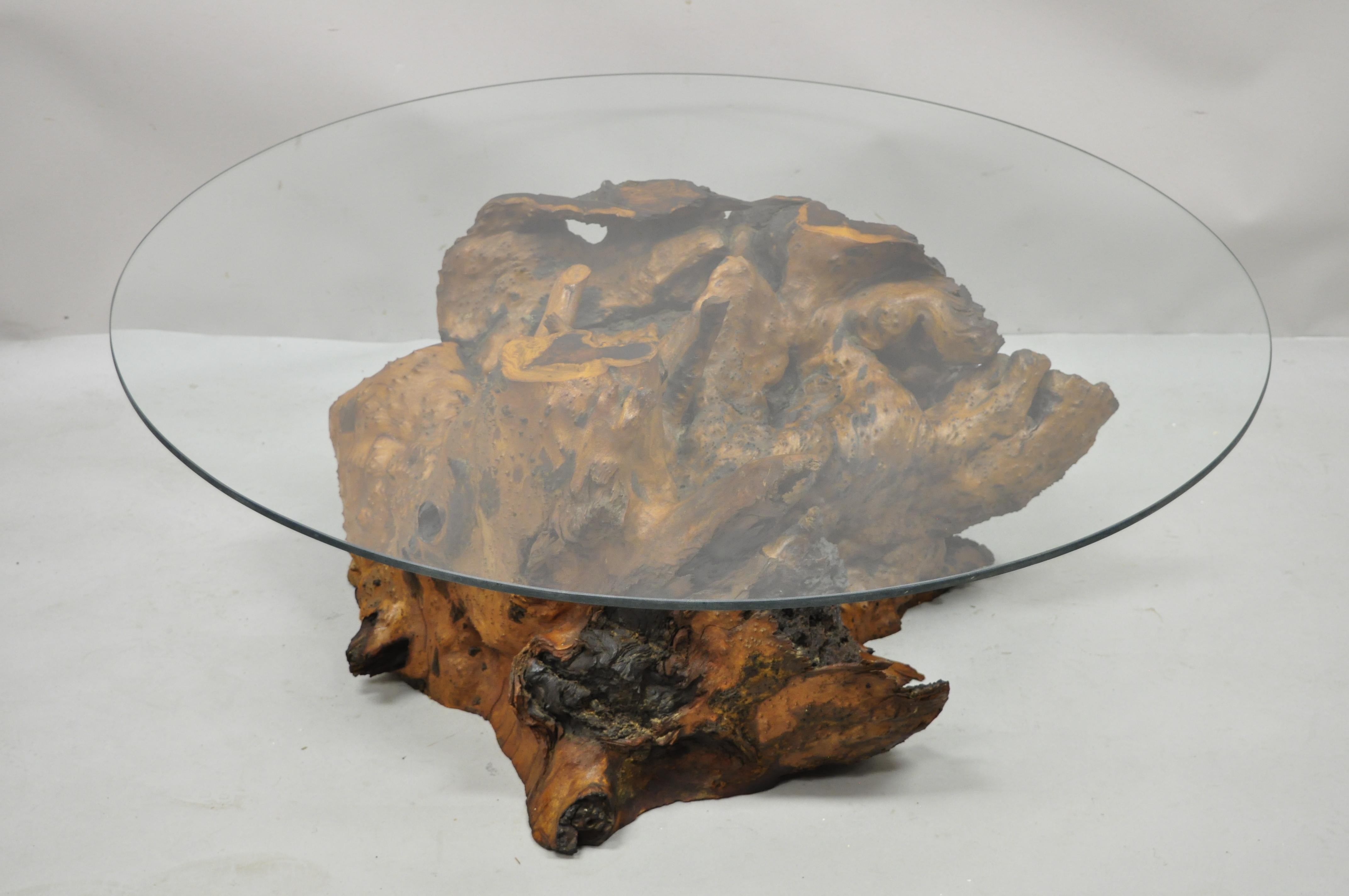 Burl Wood Organic Free Form Live Edge Driftwood Coffee Table Round Glass Top For Sale 3
