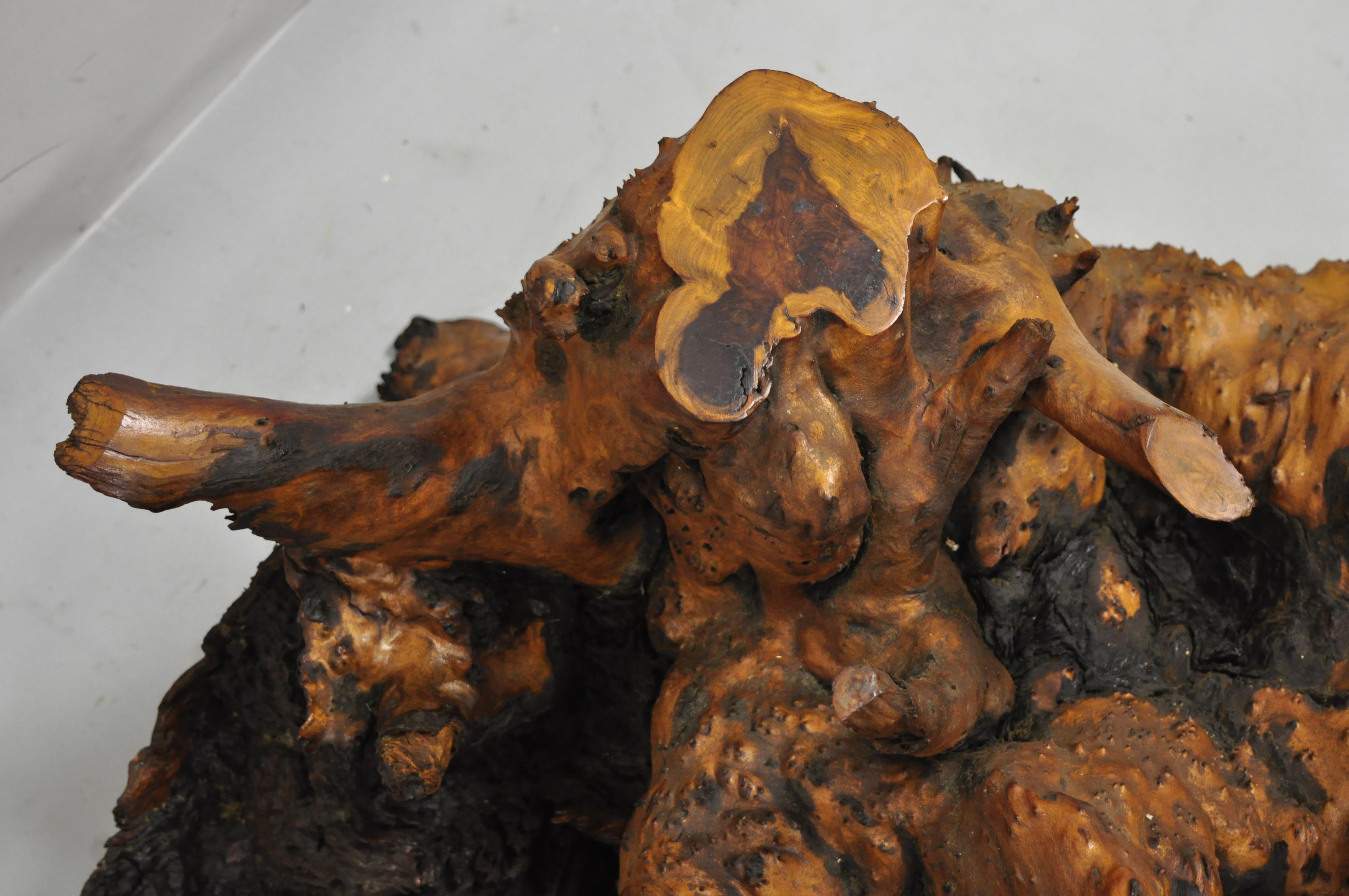 20th Century Burl Wood Organic Free Form Live Edge Driftwood Coffee Table Round Glass Top