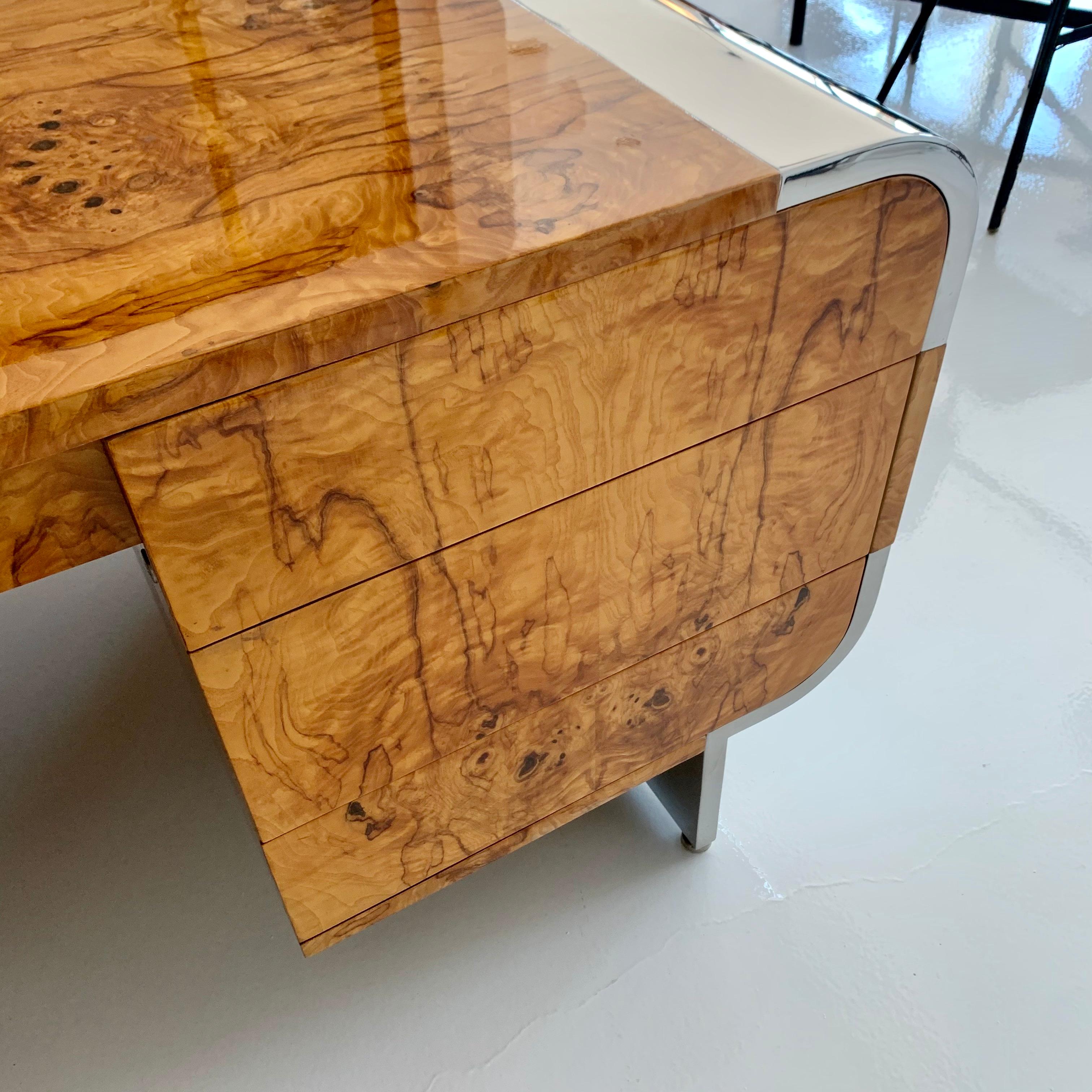 Stainless Steel Burl Wood Pace Desk by Irving Rosen