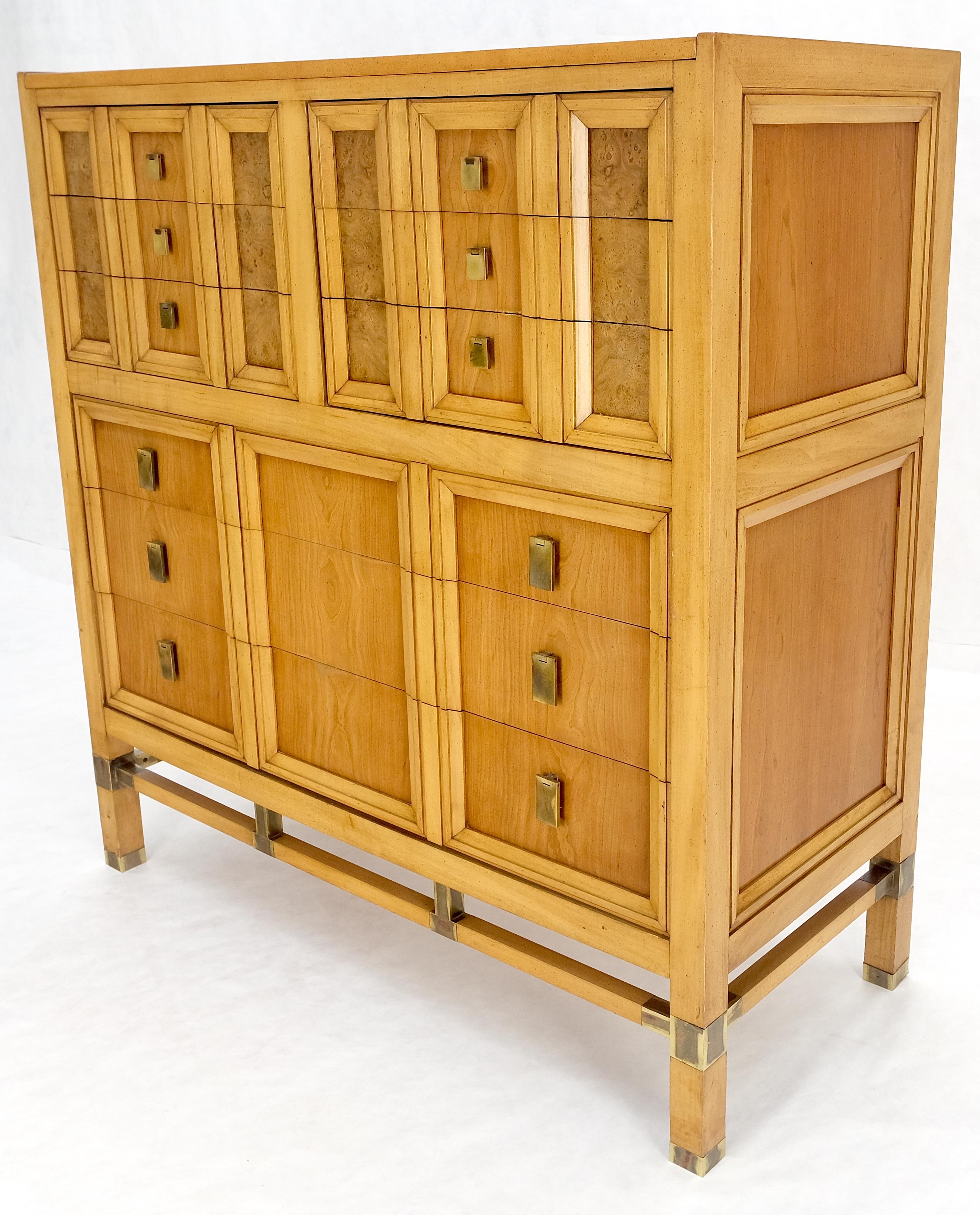 American Burl Wood Panel Brass Birch 7 Drawer Mid Century Modern High Boy Dresser MINT! For Sale