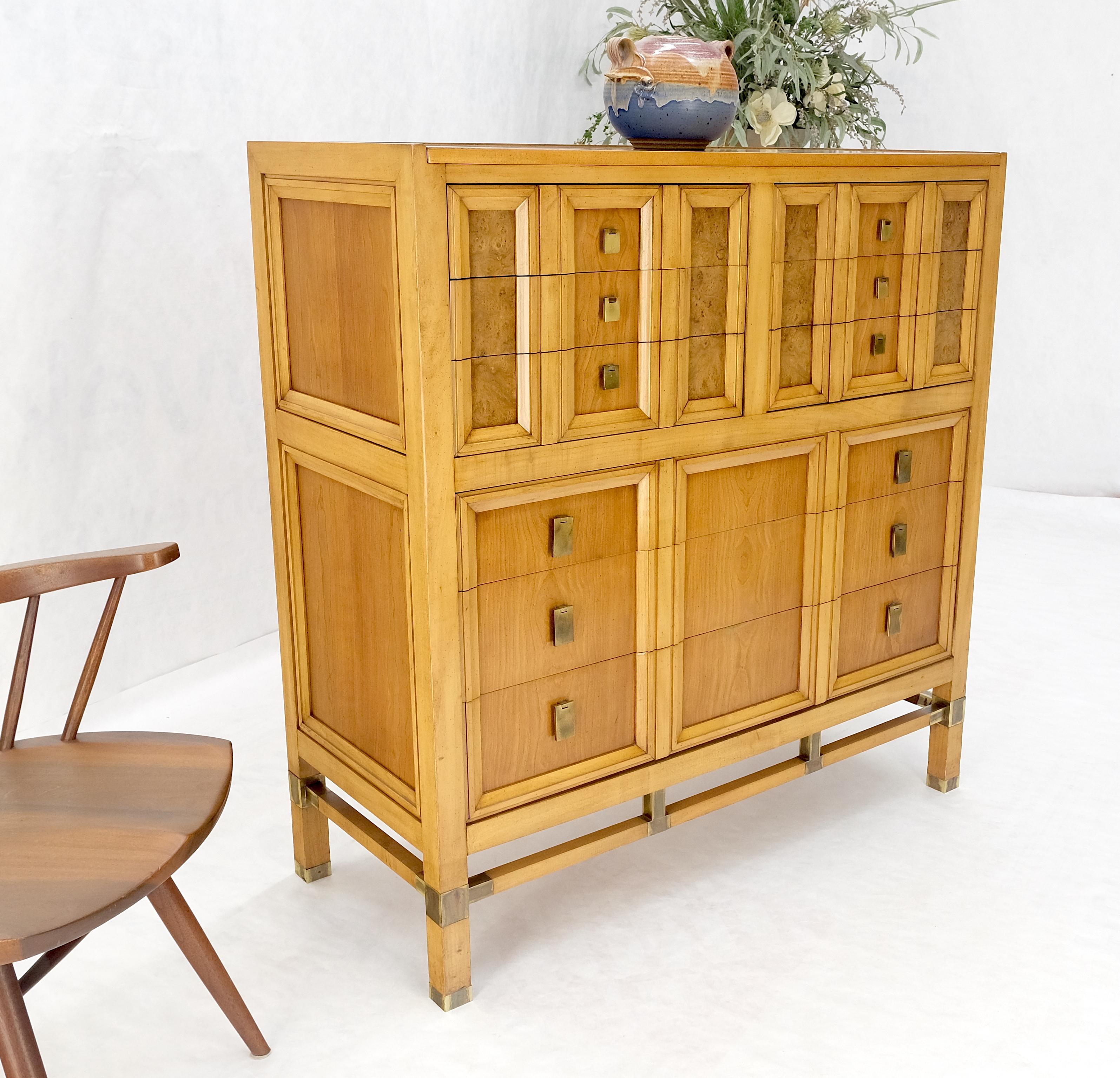 20th Century Burl Wood Panel Brass Birch 7 Drawer Mid Century Modern High Boy Dresser MINT! For Sale