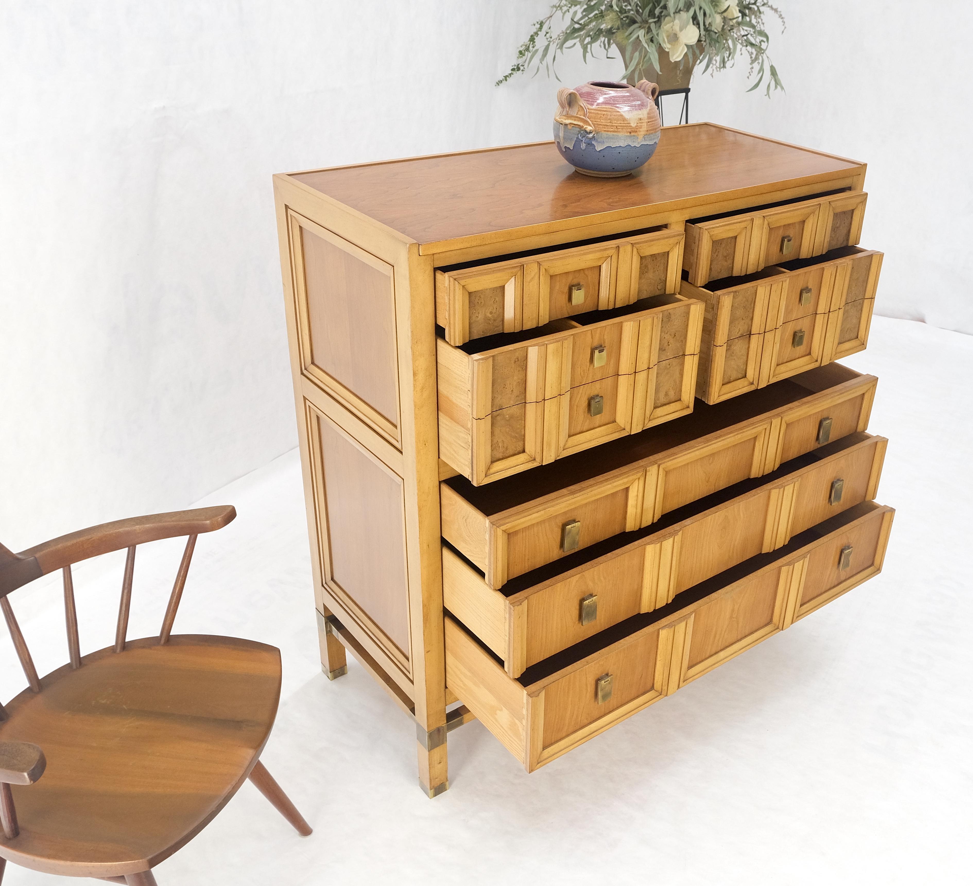 Burl Wood Panel Brass Birch 7 Drawer Mid Century Modern High Boy Dresser MINT! For Sale 1
