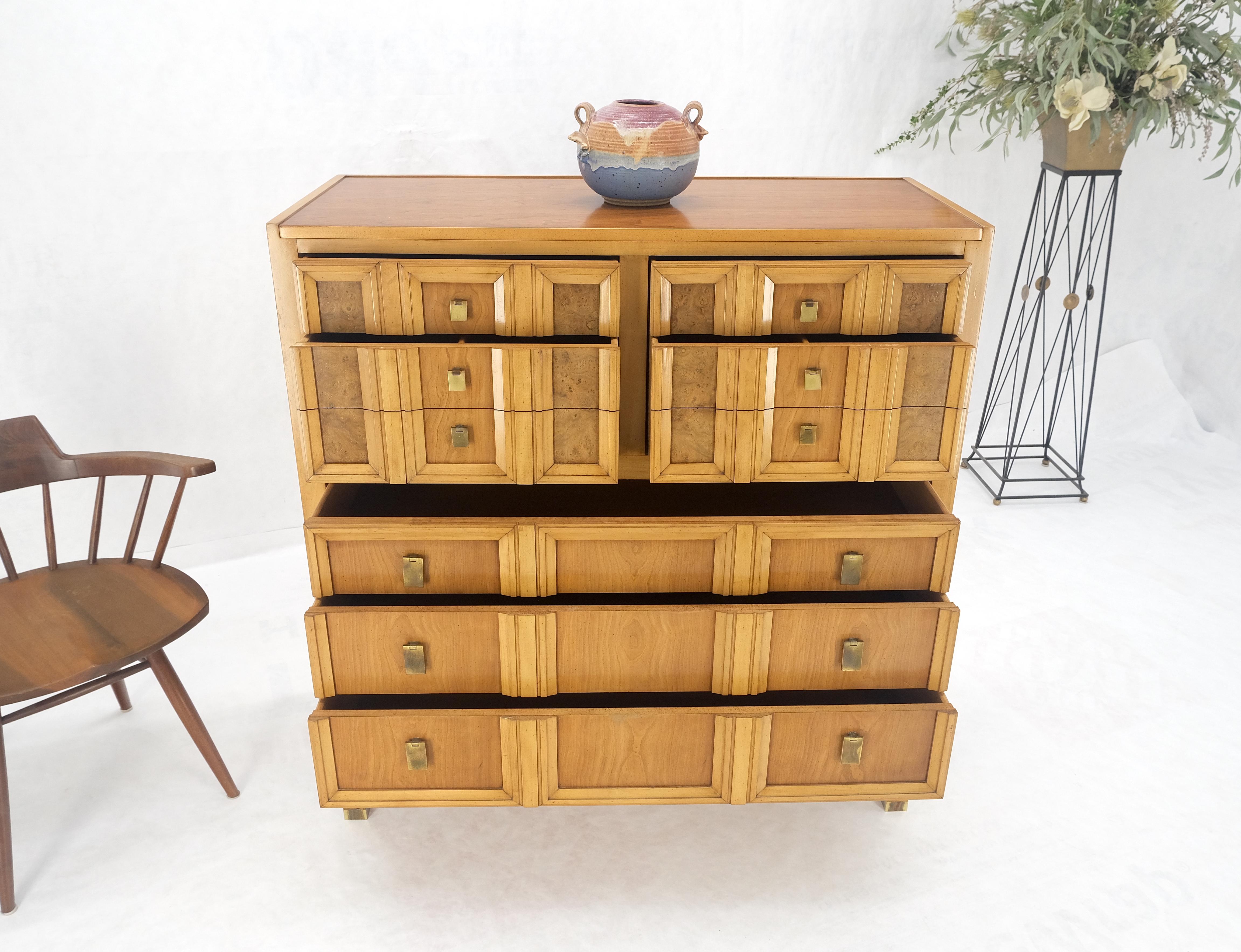 Burl Wood Panel Brass Birch 7 Drawer Mid Century Modern High Boy Dresser MINT! For Sale 2