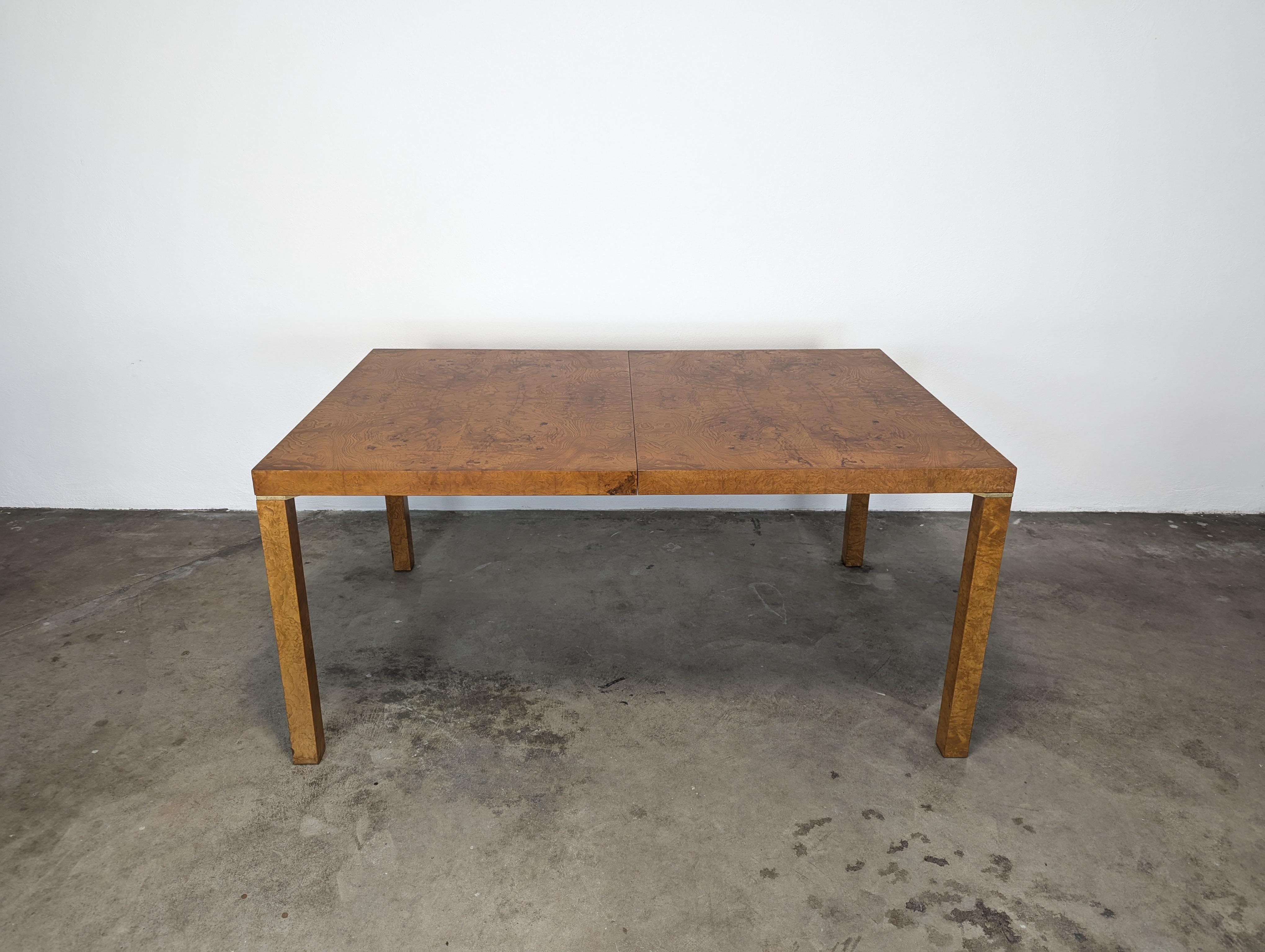 Mid-Century Modern Burl Wood Parsons Extension Dining Table by Lane, Milo Baughman Style, Restored
