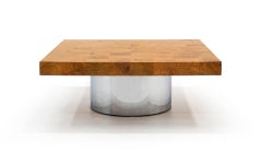 Burl Wood Square Coffee Table with Round Chrome Pedestal Base by Milo Baughman