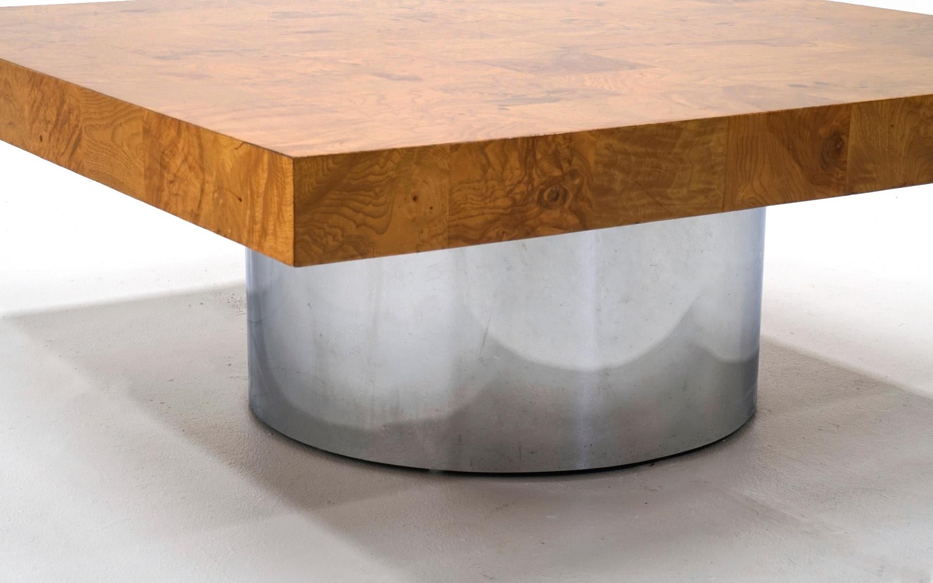 American Burl Wood Square Coffee Table with Round Chrome Pedestal Base by Milo Baughman