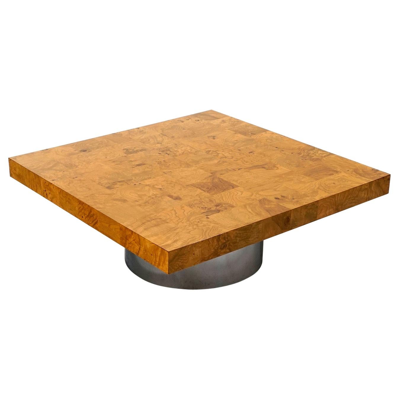 Burl Wood Square Coffee Table with Round Chrome Pedestal Base by Milo Baughman