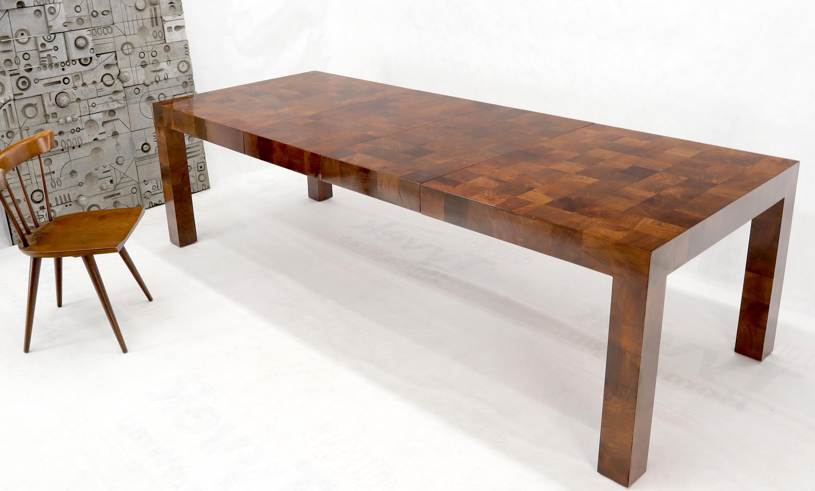 Large Mid-Century Modern rectangle patchwork olive wood dining table with 2 x 20