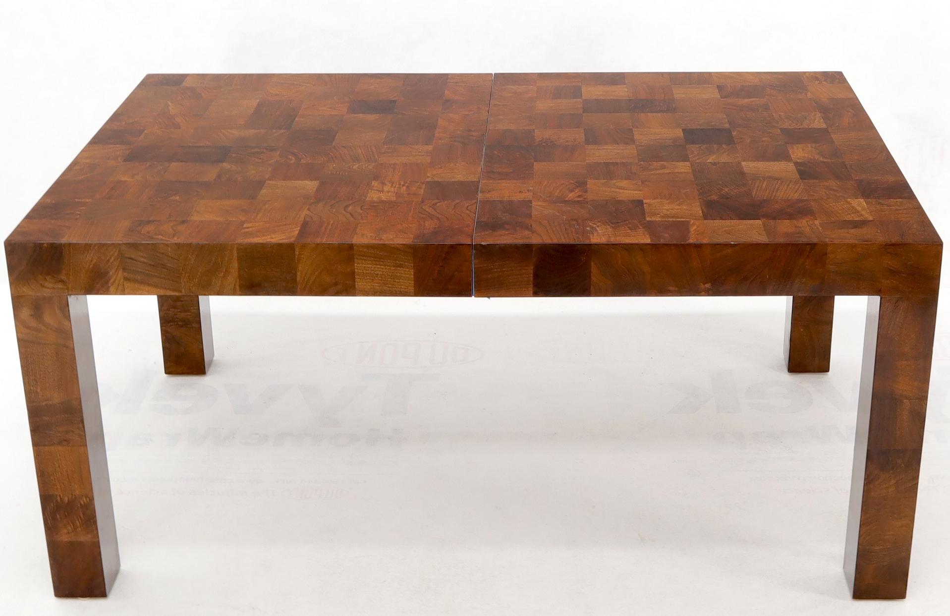 Mid-Century Modern Burl Wood Square Patches Rectangle Dining Table with Two Extension Boards