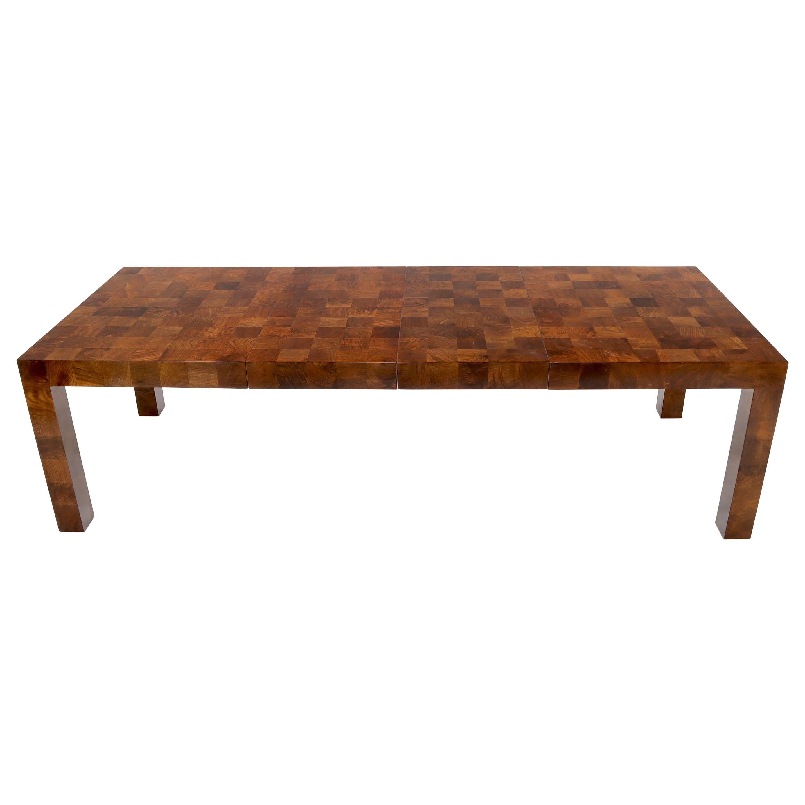 Burl Wood Square Patches Rectangle Dining Table with Two Extension Boards