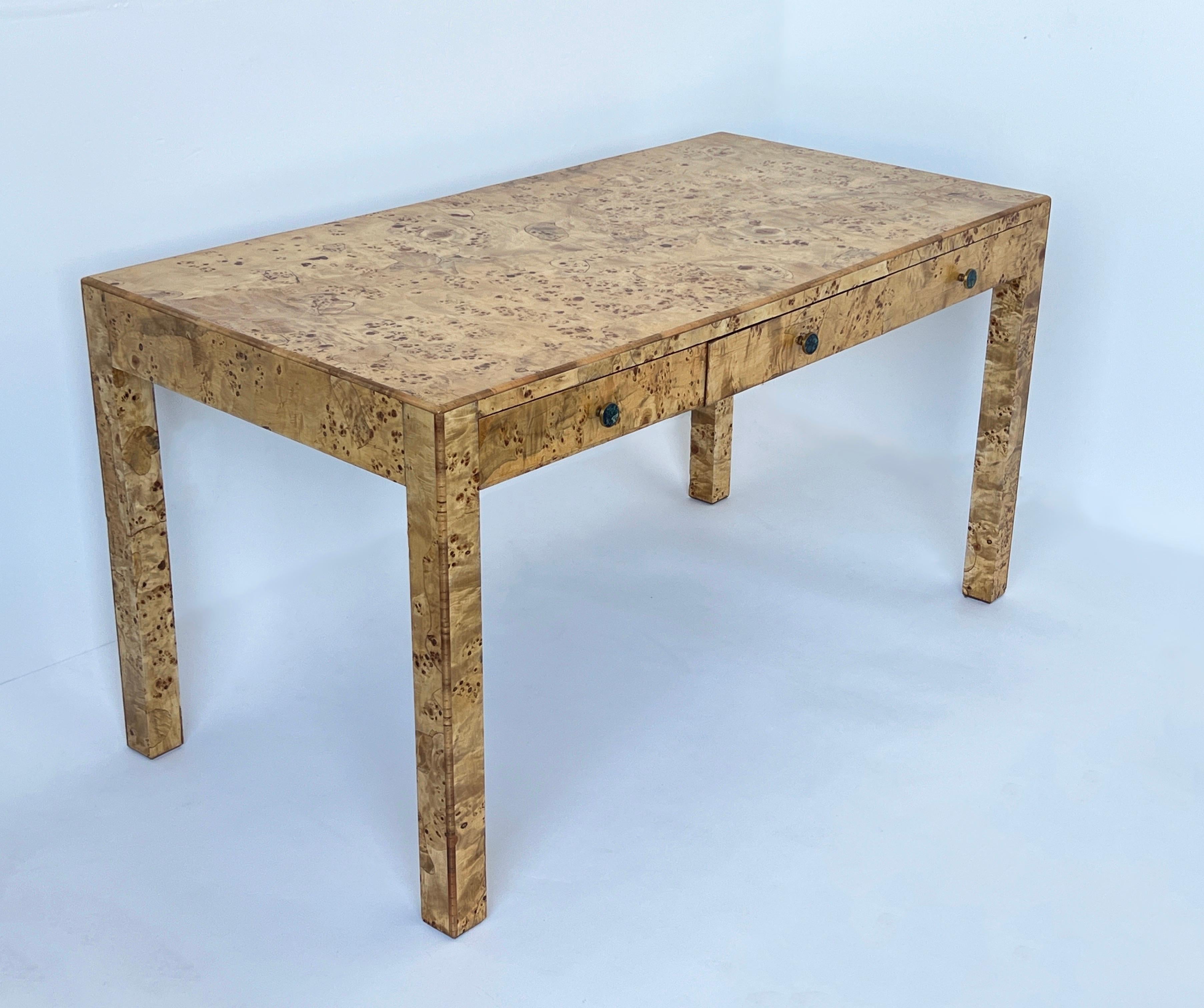 Burl Wood Three Drawer Desk with Los Castillos Brass Pulls For Sale 2