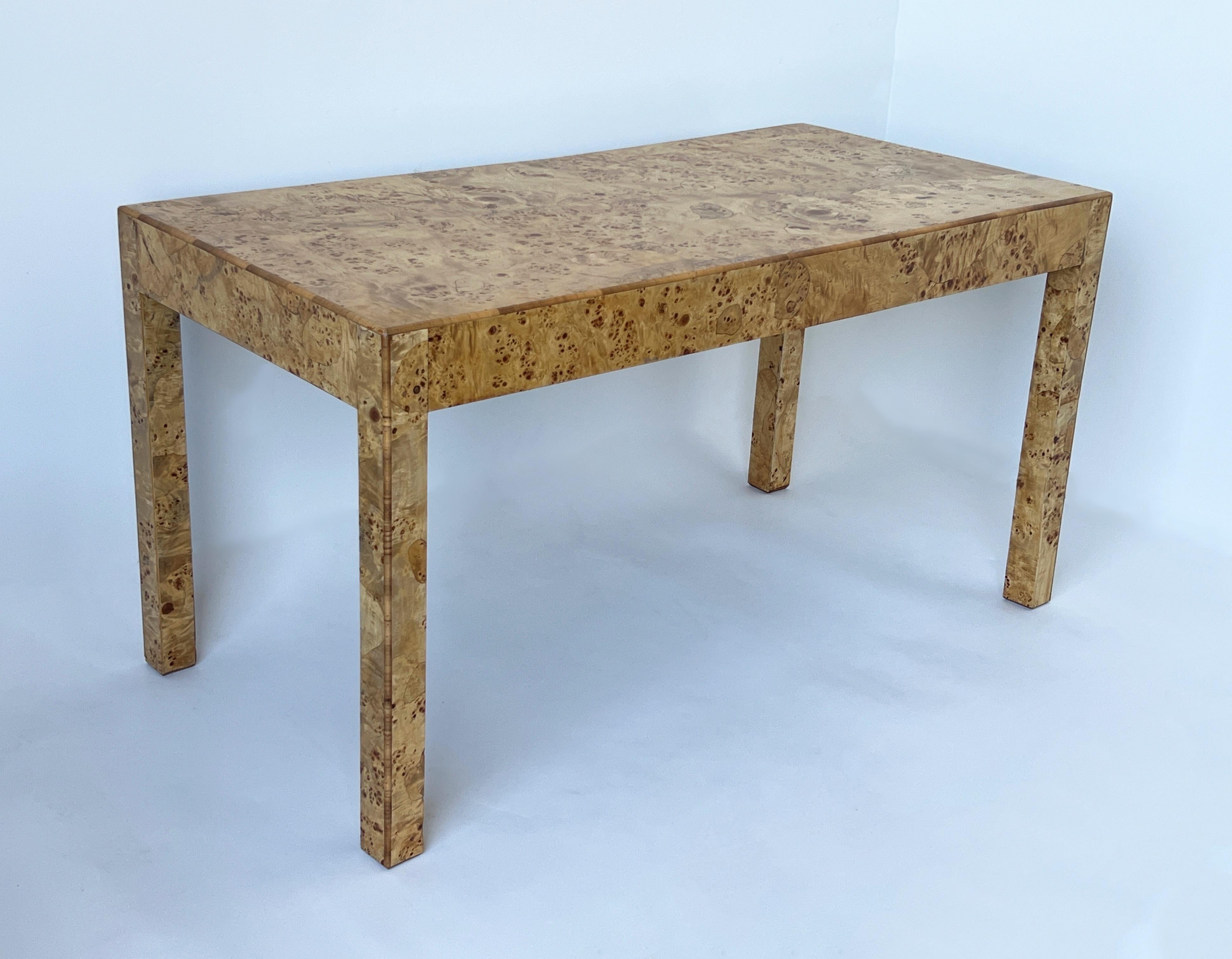 Mid-Century Modern Burl Wood Three Drawer Desk with Los Castillos Brass Pulls For Sale