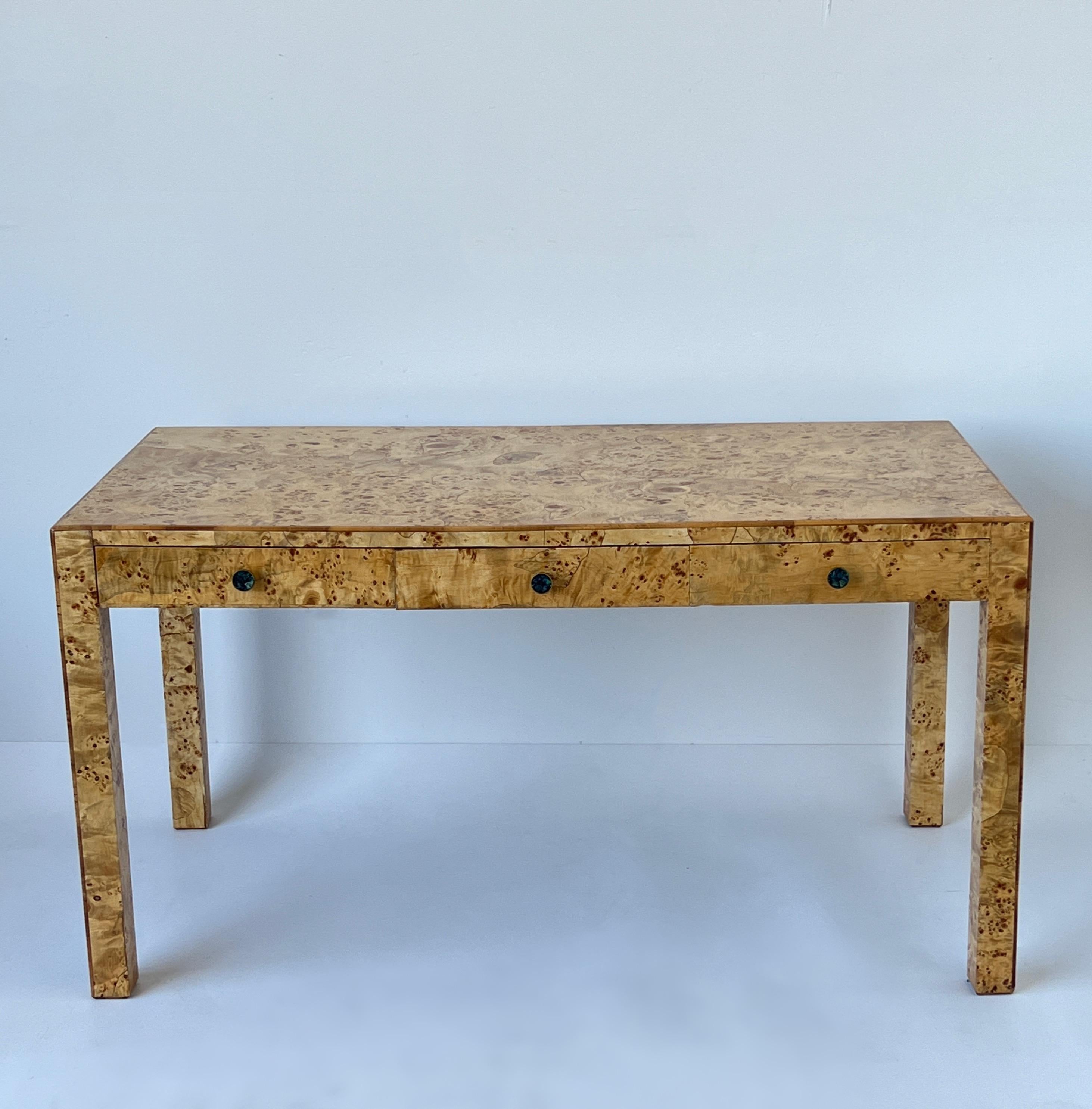 American Burl Wood Three Drawer Desk with Los Castillos Brass Pulls For Sale