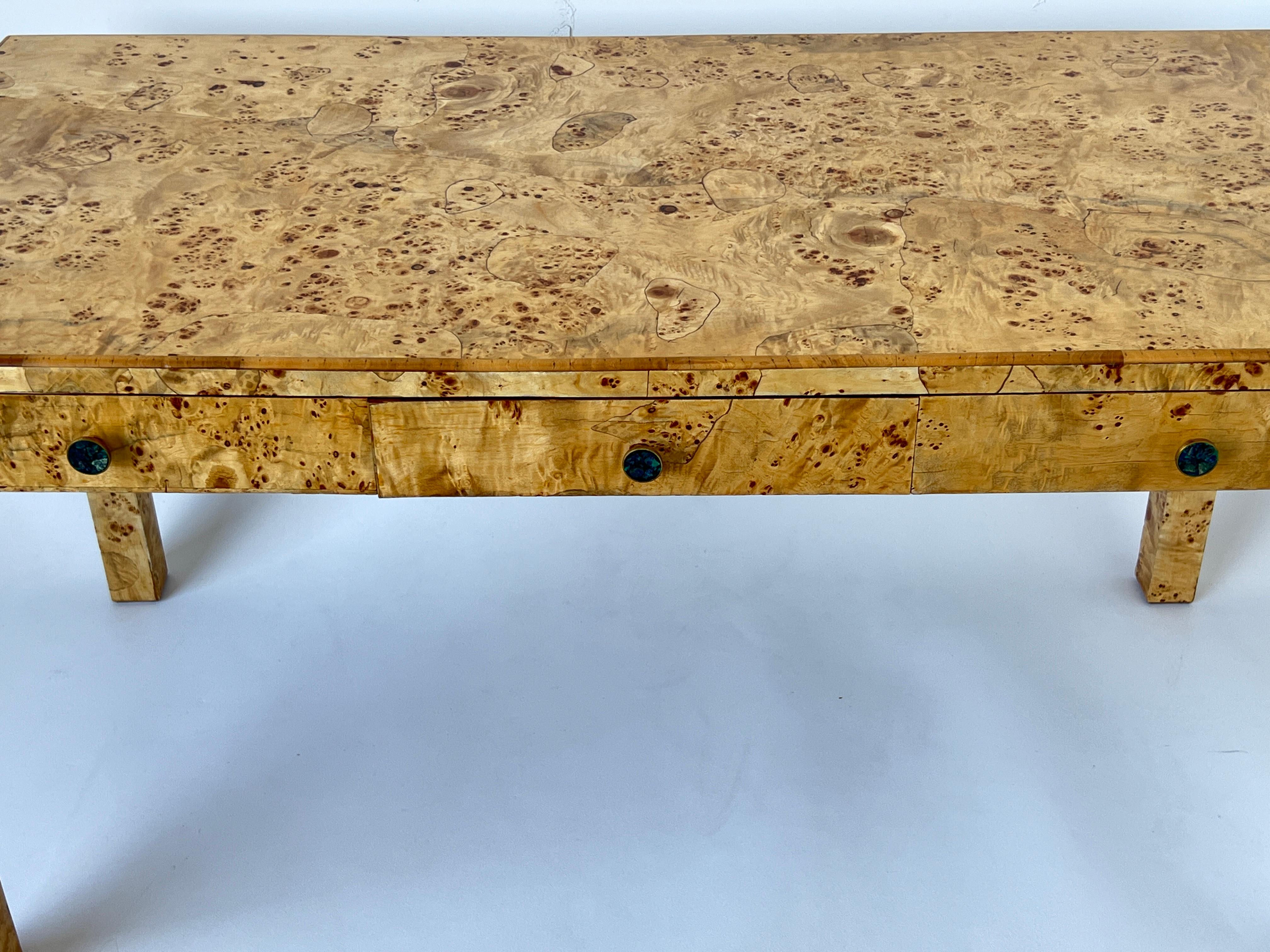 Late 20th Century Burl Wood Three Drawer Desk with Los Castillos Brass Pulls For Sale