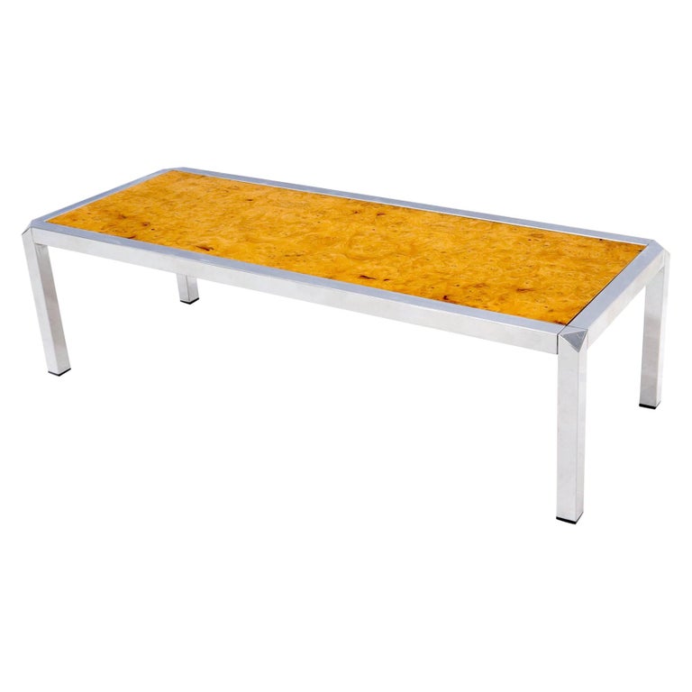 Burl Wood Top Chrome Base and Trim Rectangular Coffee Table For Sale