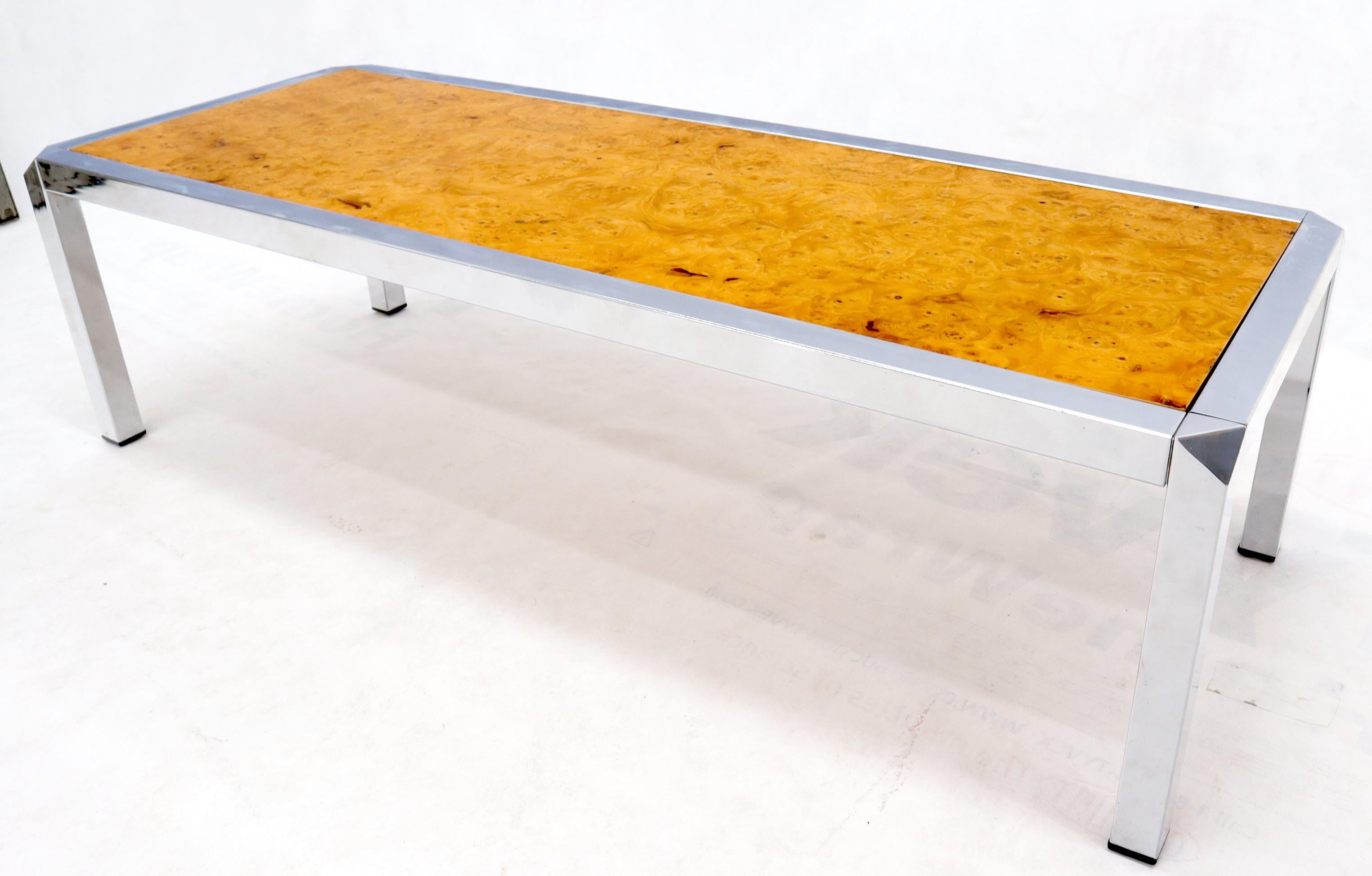 Mid-Century Modern Burl Wood Top Chrome Base and Trim Rectangular Coffee Table For Sale