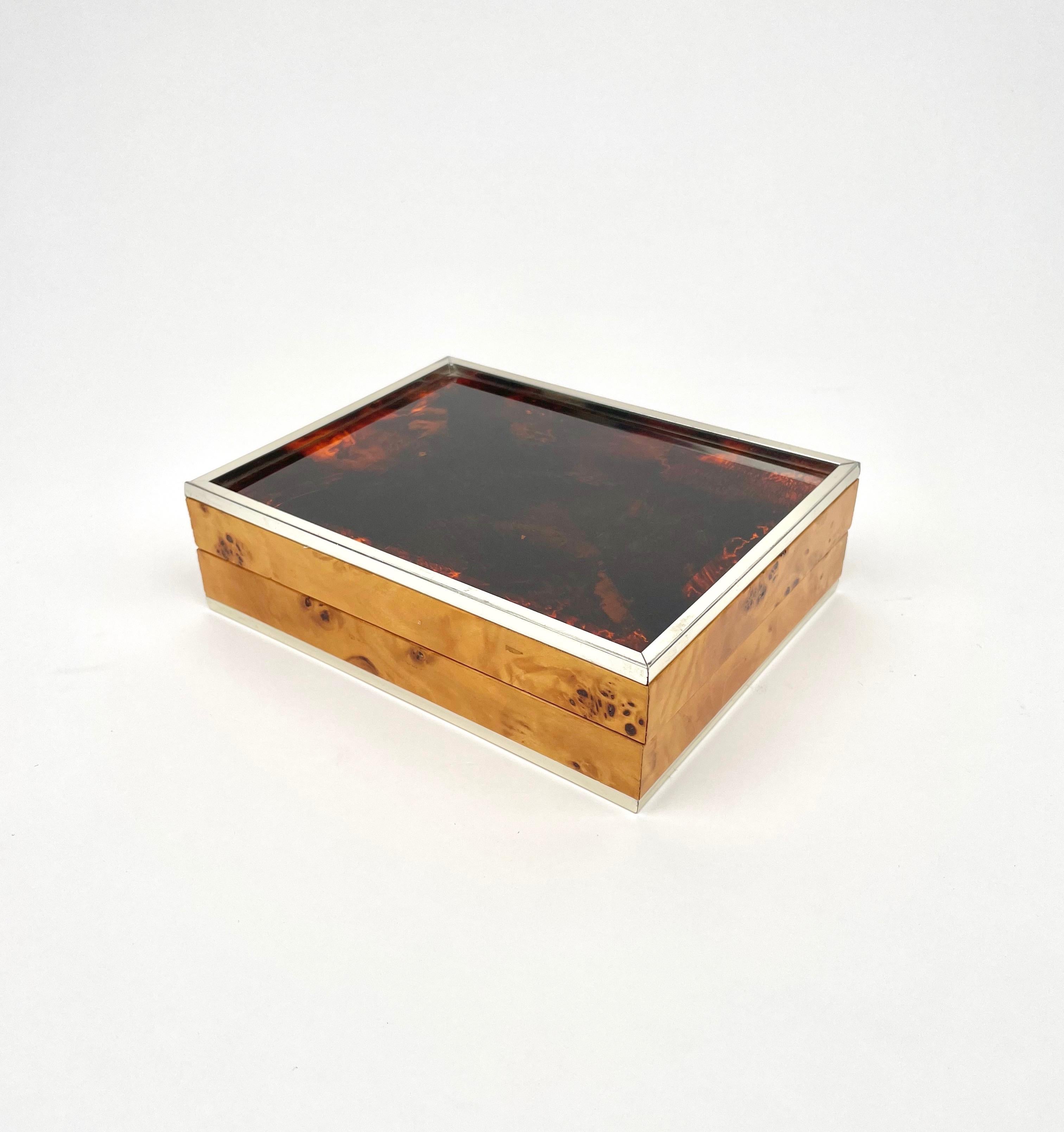 Metal Burl Wood & Tortoiseshell Effect Lucite Box, Italy, 1970s For Sale