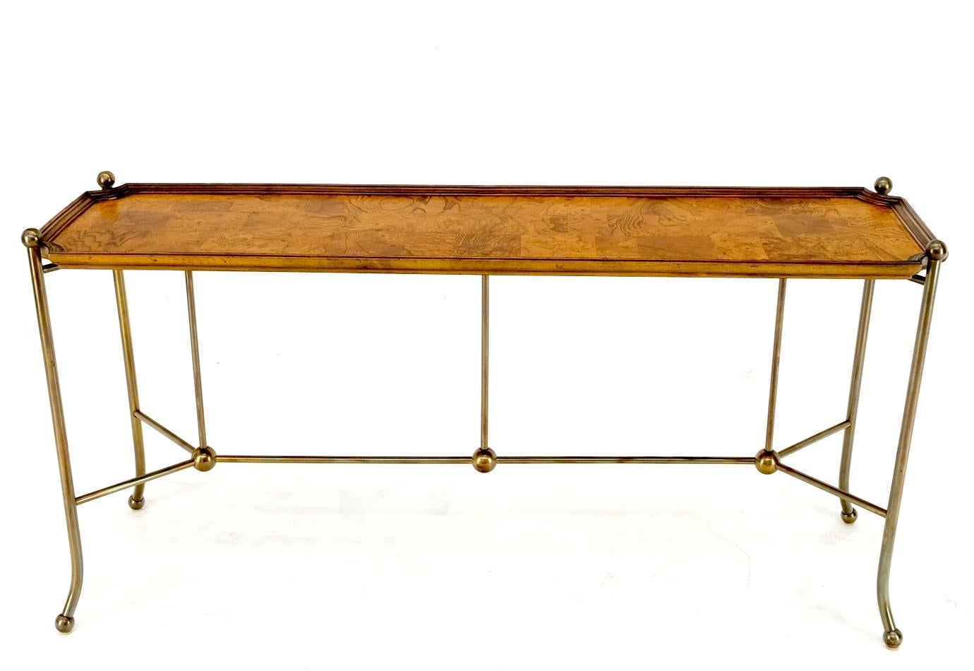 Burl Wood Tray Style Top Brass Tube & Ball Frame Console Sofa Table MINT For Sale 5