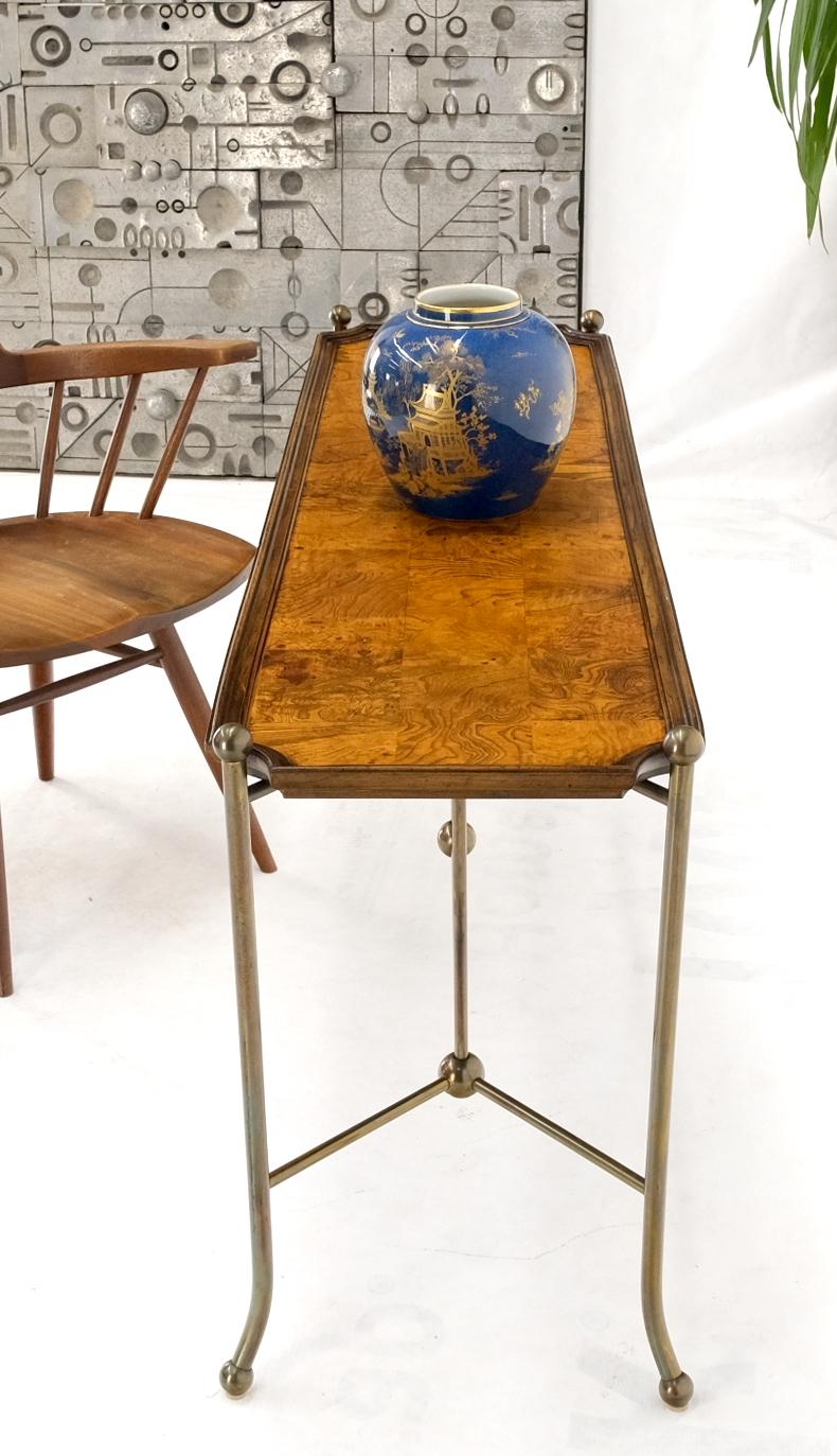 20th Century Burl Wood Tray Style Top Brass Tube & Ball Frame Console Sofa Table MINT For Sale