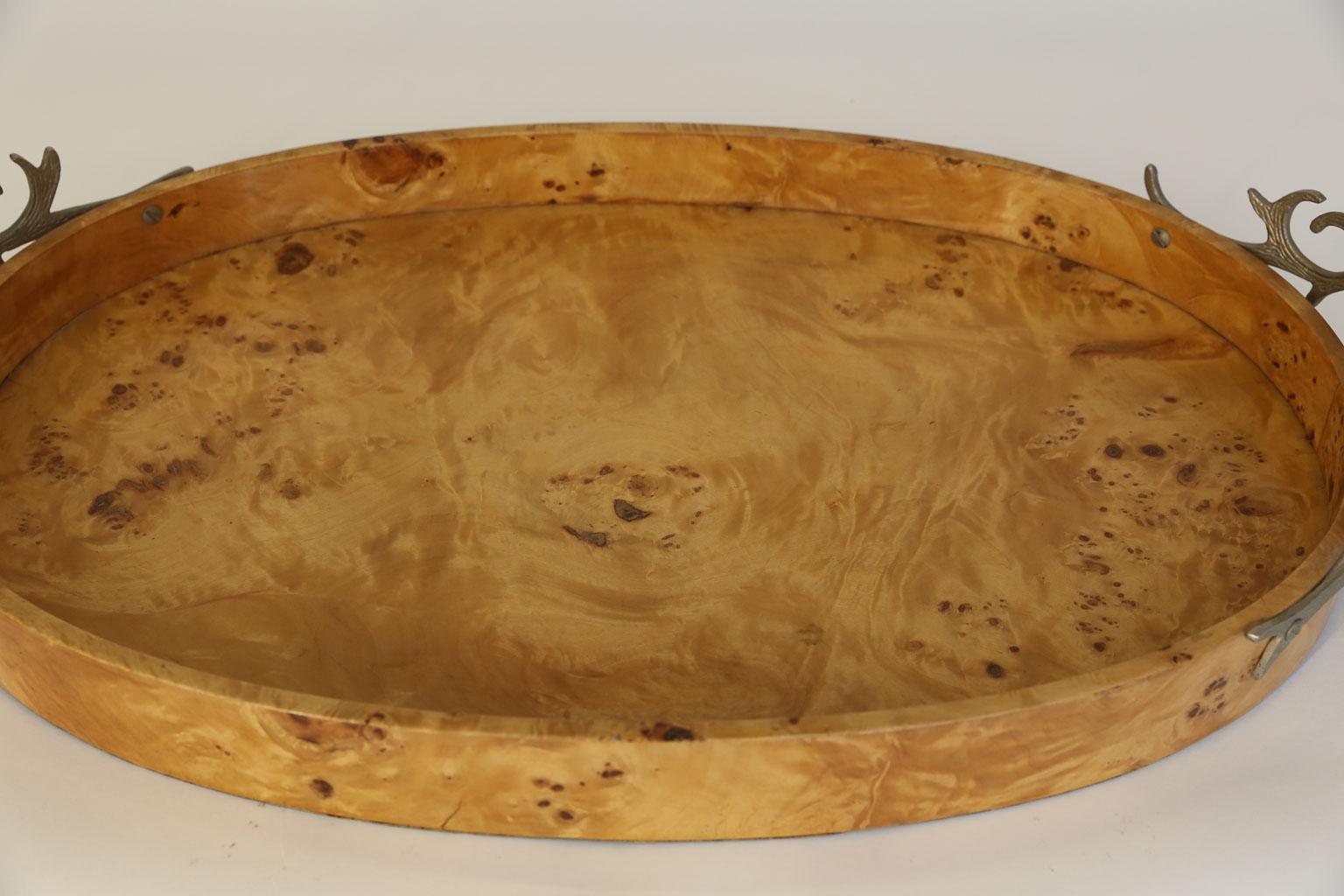Burl Wood Tray with Stag Head Handles 4