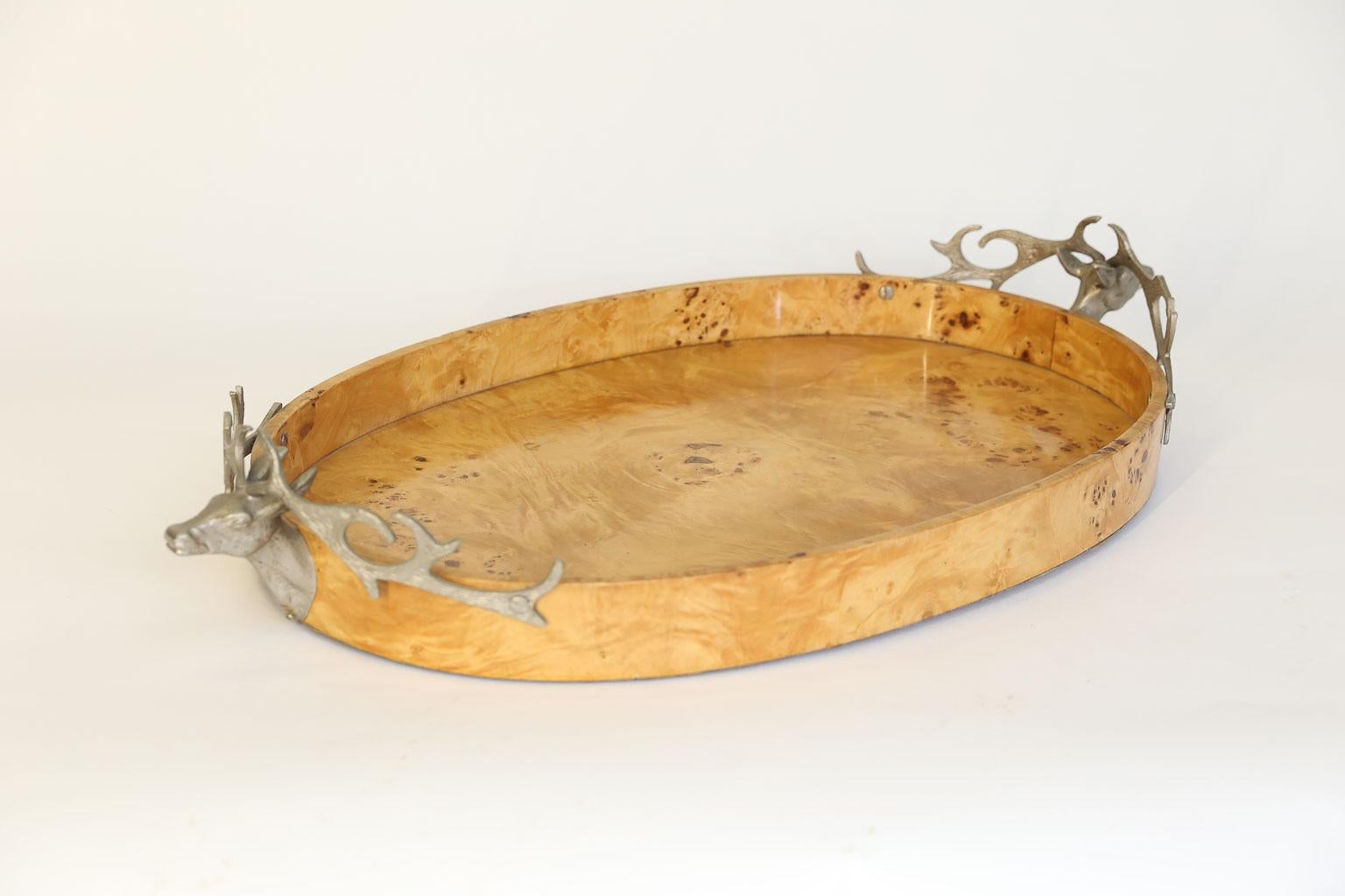 Burl Wood Tray with Stag Head Handles In Good Condition In Houston, TX