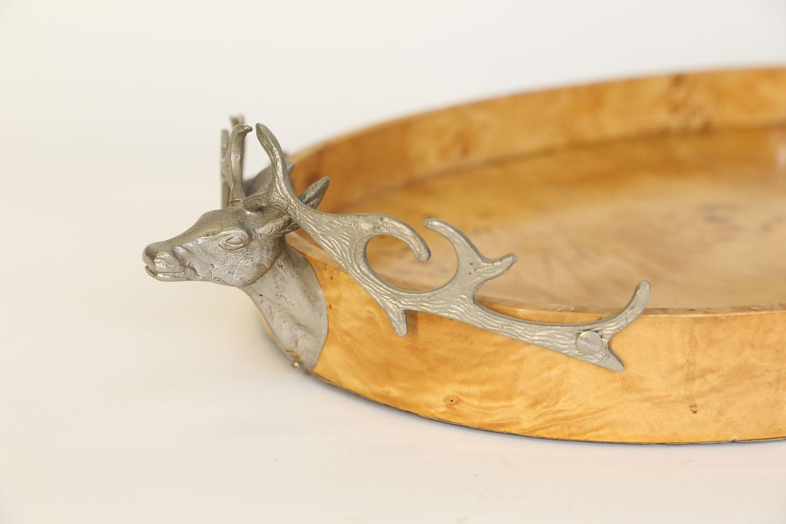 20th Century Burl Wood Tray with Stag Head Handles