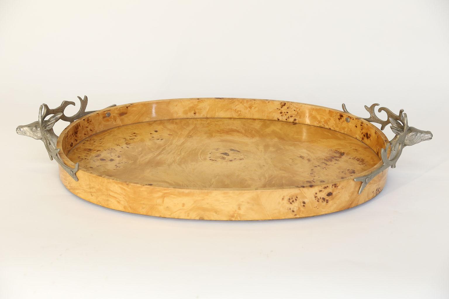 20th Century Burl Wood Tray with Stag Head Handles
