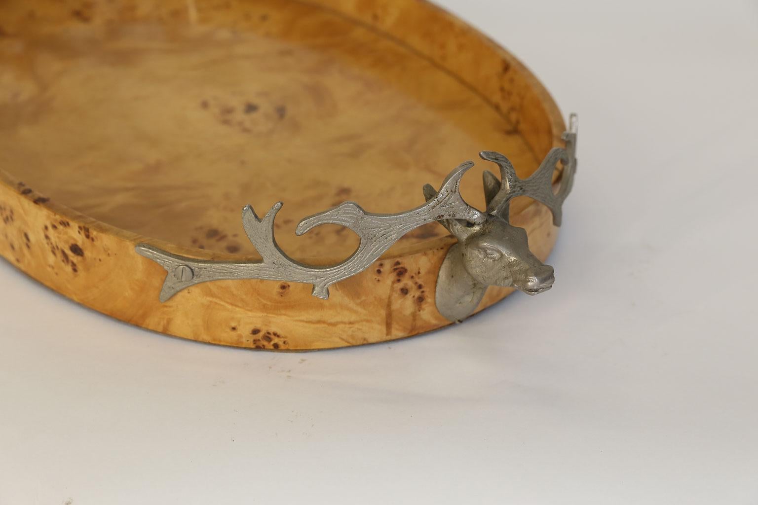 Brass Burl Wood Tray with Stag Head Handles