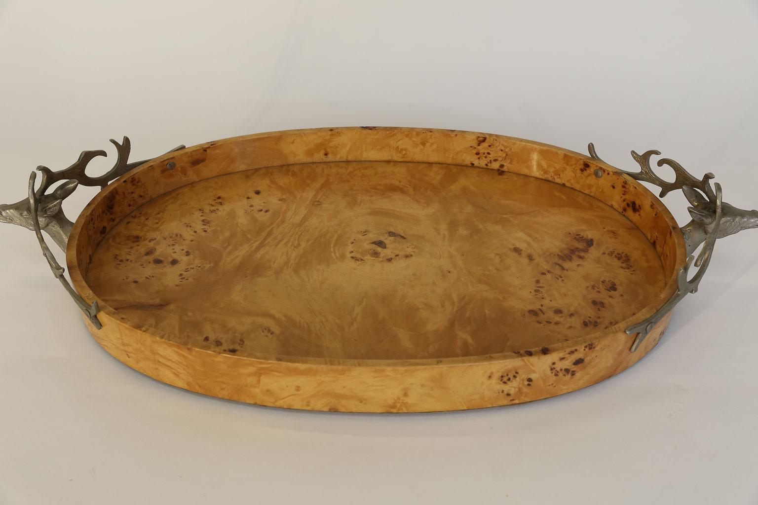 Burl Wood Tray with Stag Head Handles 1